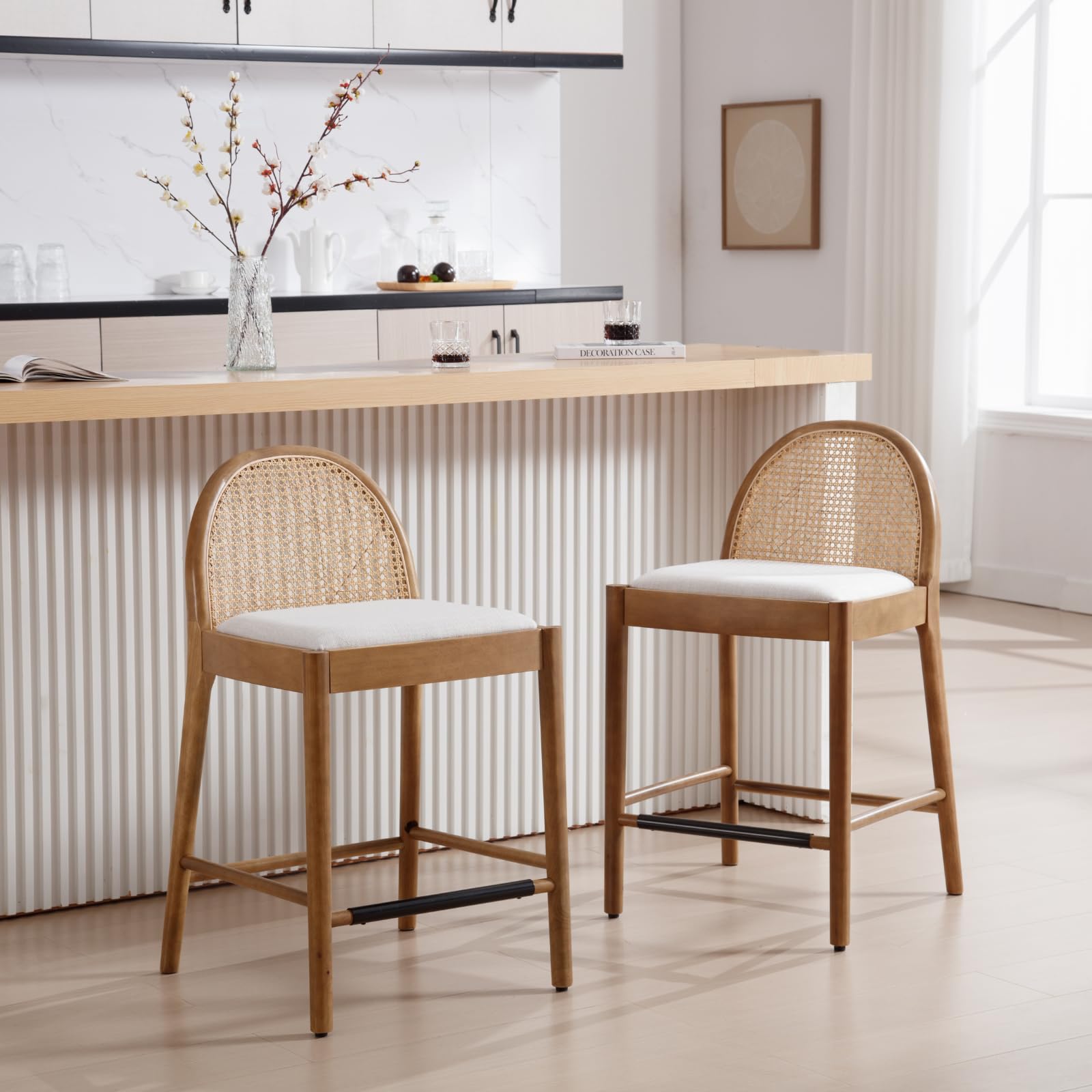 Kmax 26"H & 30"H Rattan Backrest Wooden Legs Counter Height Stools Set of 2 - 5696CS