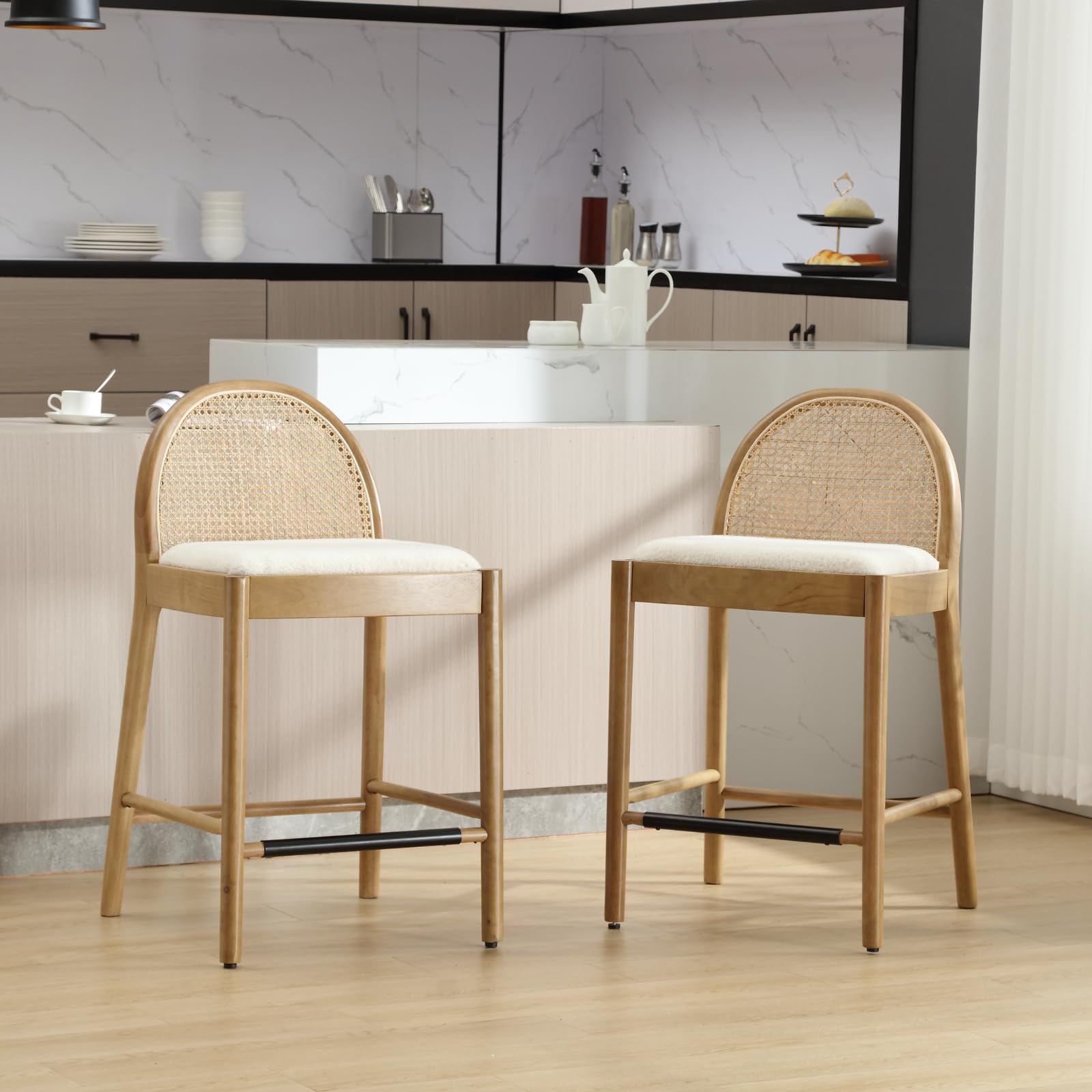 Kmax 26"H & 30"H Rattan Backrest Wooden Legs Counter Height Stools Set of 2 - 5696CS