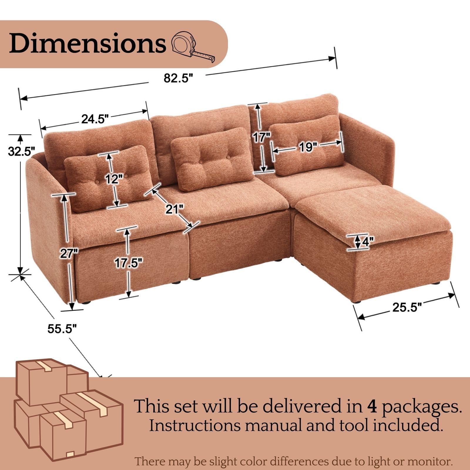 VESCASA Chenille 56.5" Modular Sectional Sofa with Waist Pillow - 90041SF