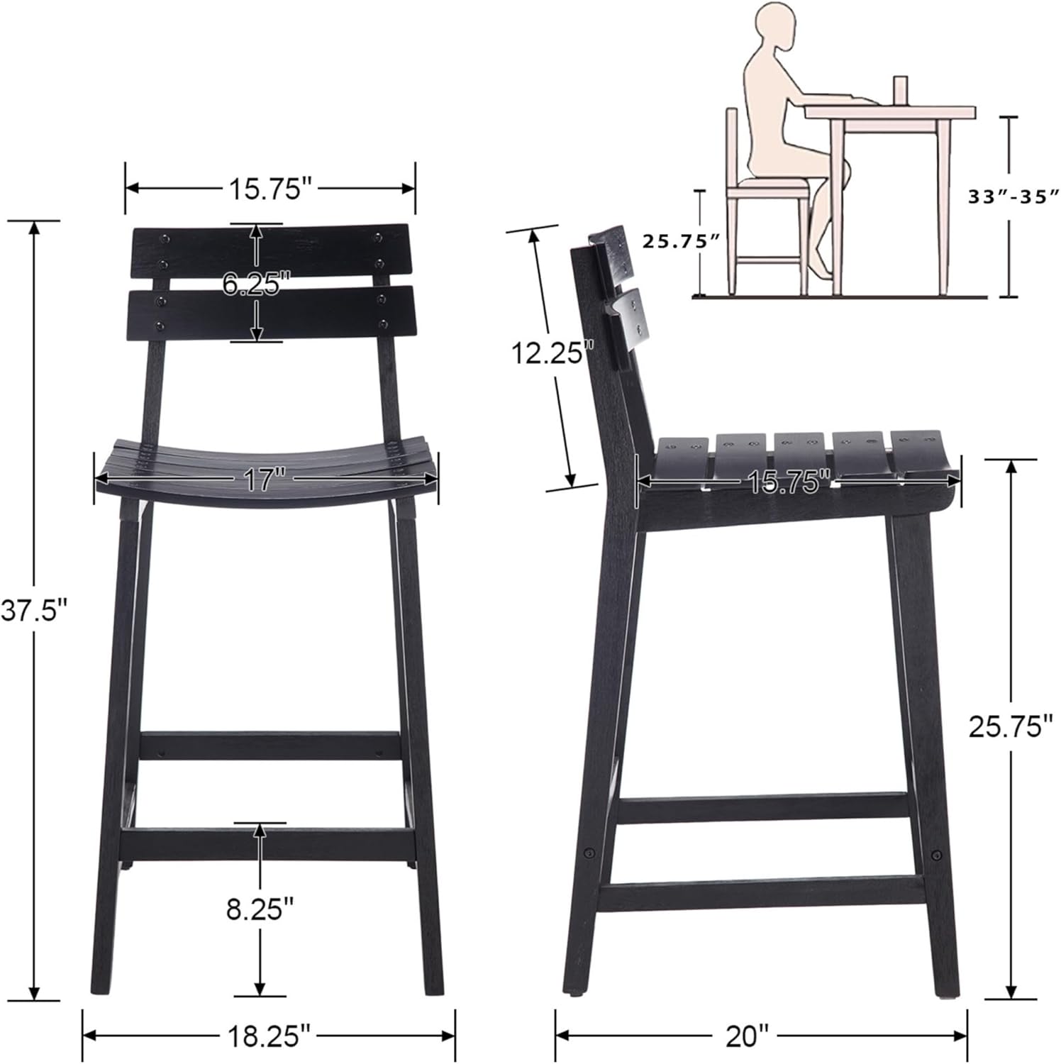 Kmax 26" H Black Wooden Counter Height Bar Stools Set of 2 - 7064CS