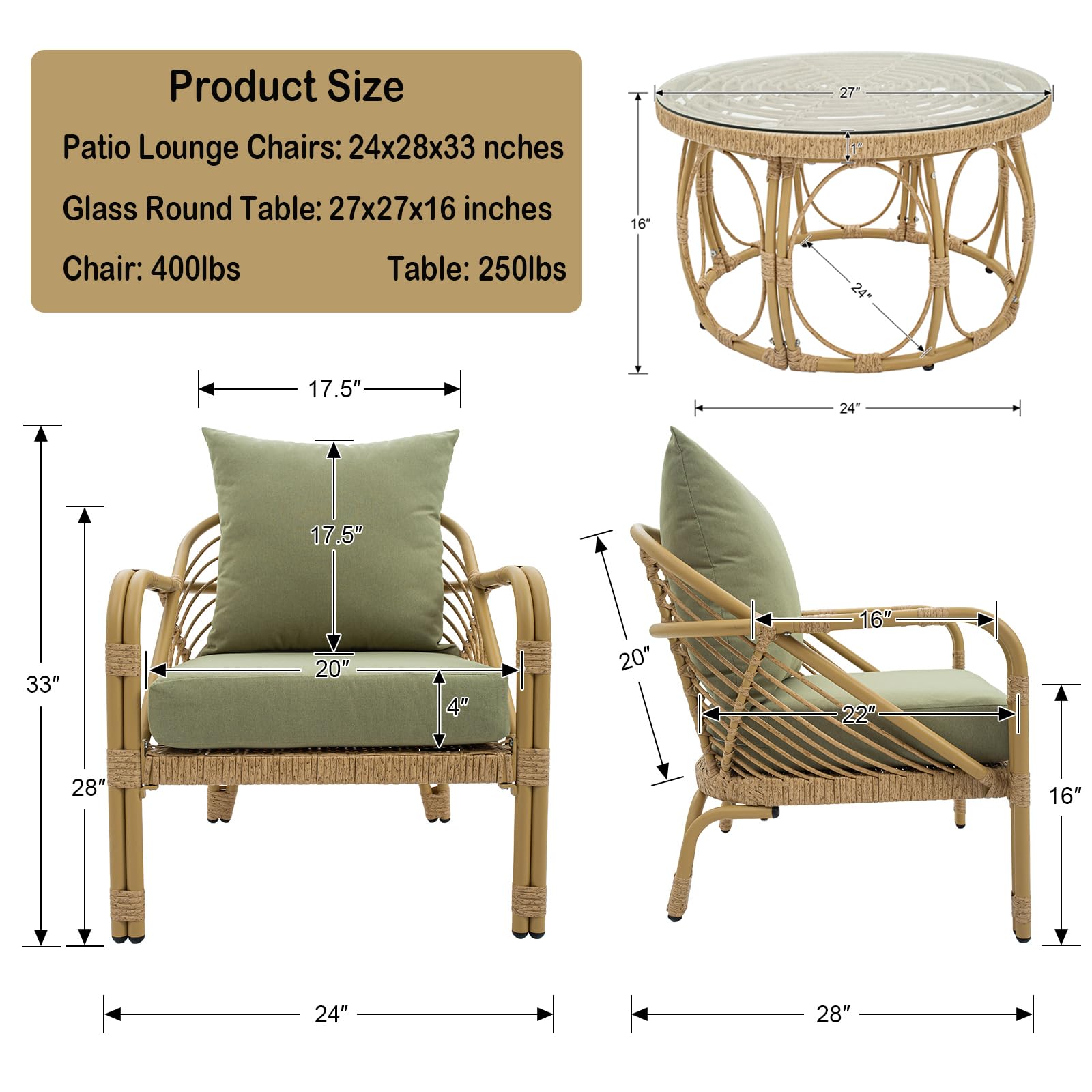 Patio Rope Chairs Set with Storage Table 3 PCS - 25012SE