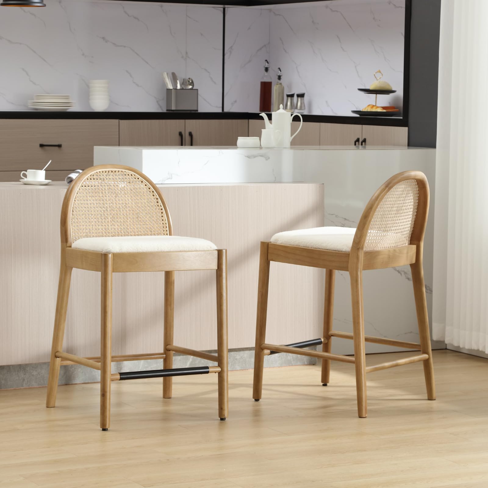 Kmax 26"H & 30"H Rattan Backrest Wooden Legs Counter Height Stools Set of 2 - 5696CS