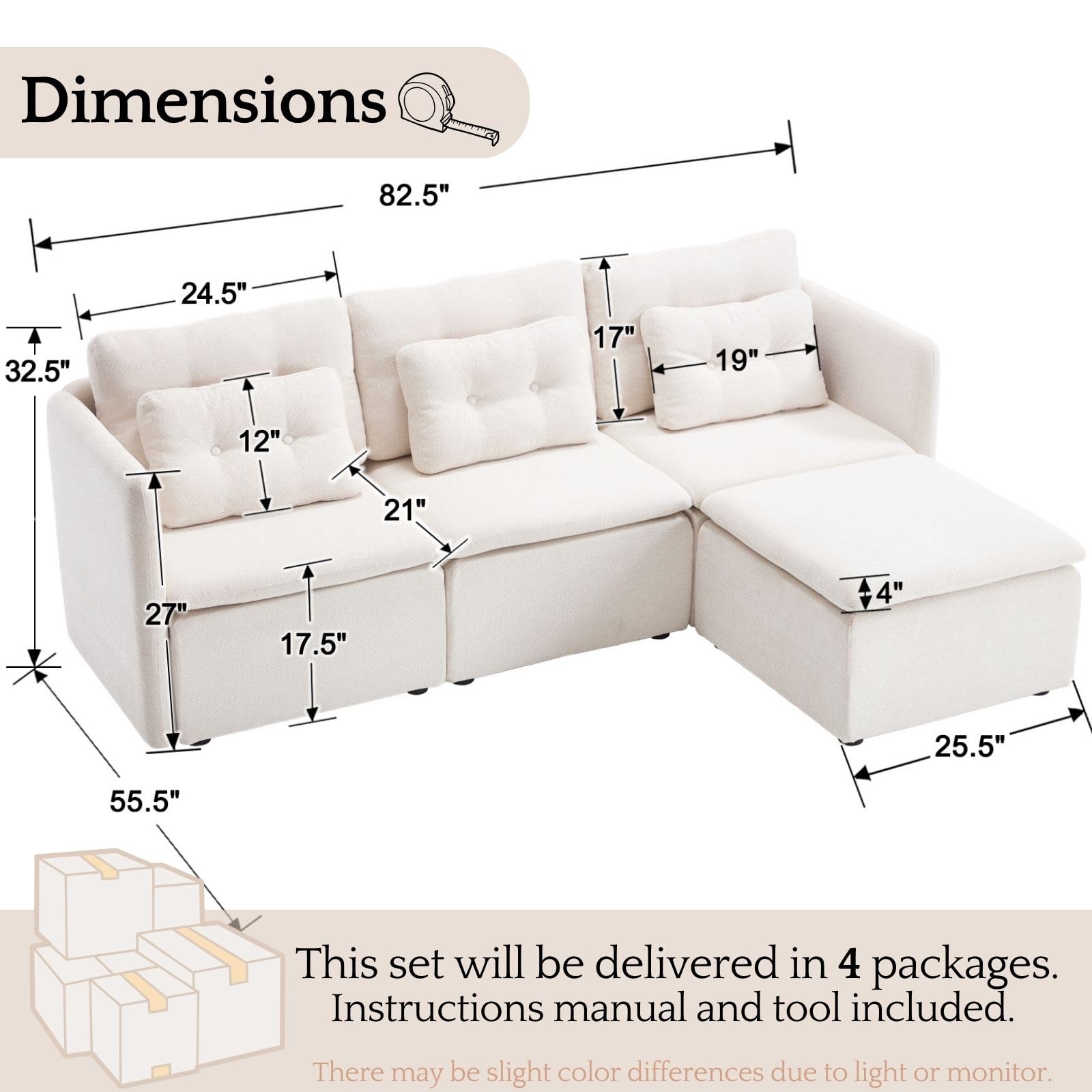 VESCASA Chenille 56.5" Modular Sectional Sofa with Waist Pillow - 90041SF
