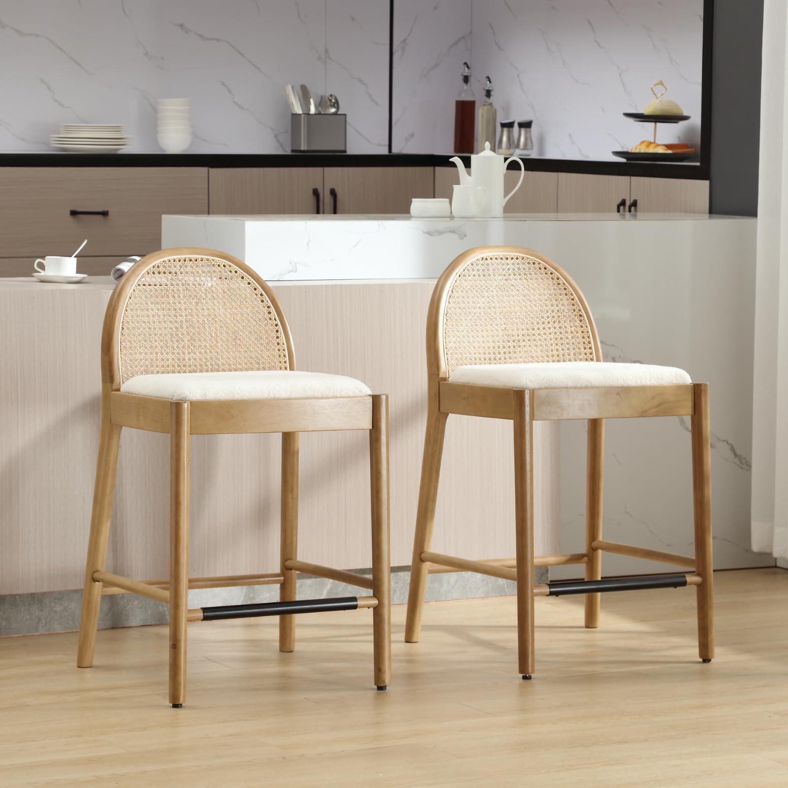 Kmax 26"H & 30"H Rattan Backrest Wooden Legs Counter Height Stools Set of 2 - 5696CS