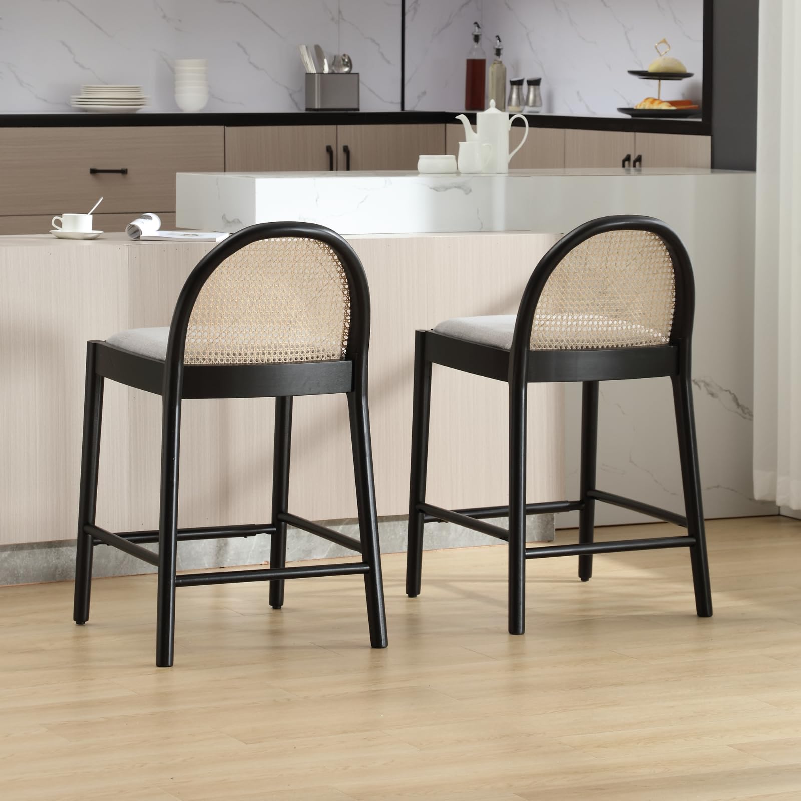 Kmax 26"H & 30"H Rattan Backrest Wooden Legs Counter Height Stools Set of 2 - 5696CS