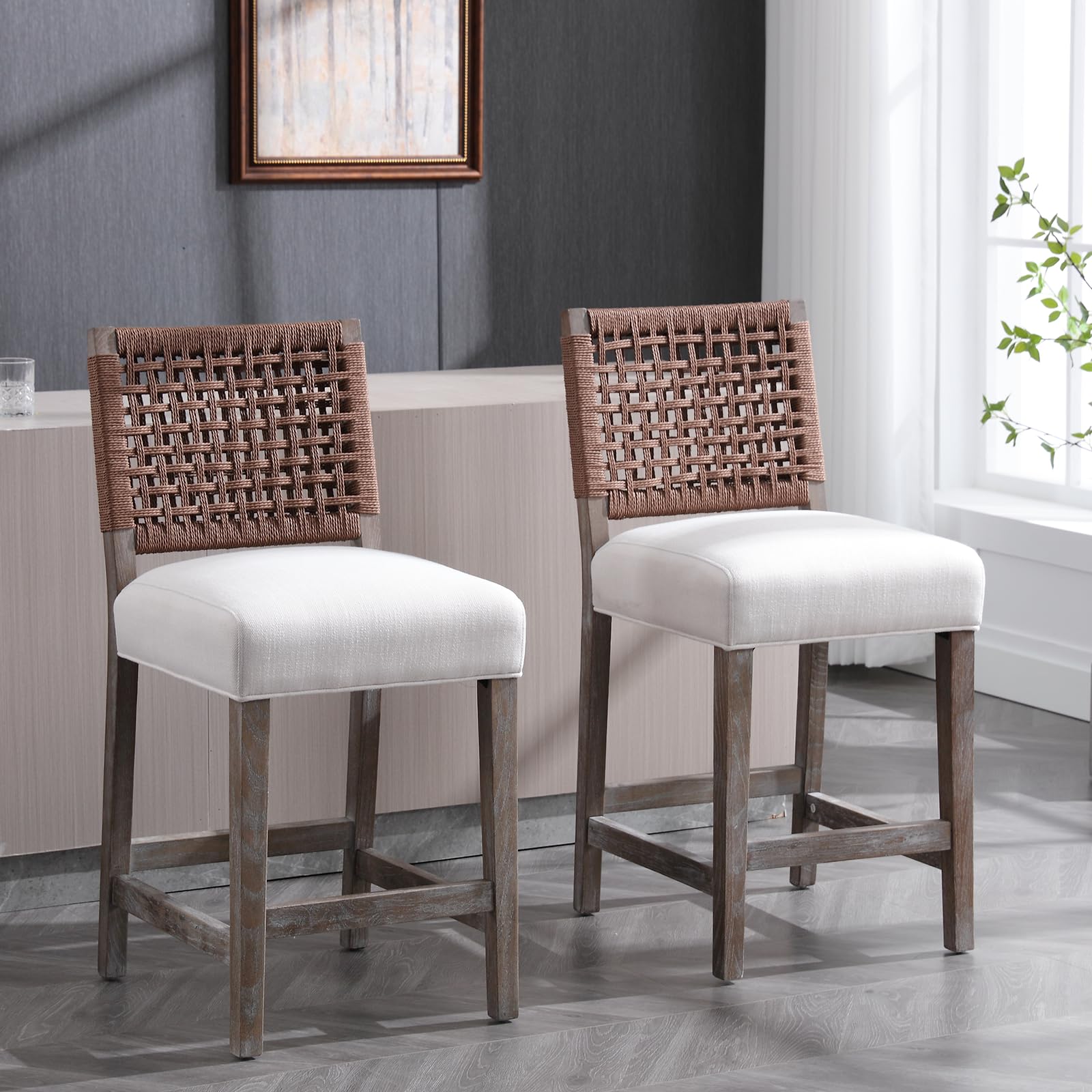 Kmax 27"H Farmhouse Woven Backrest Counter Stools Set of 2 - 2227CS
