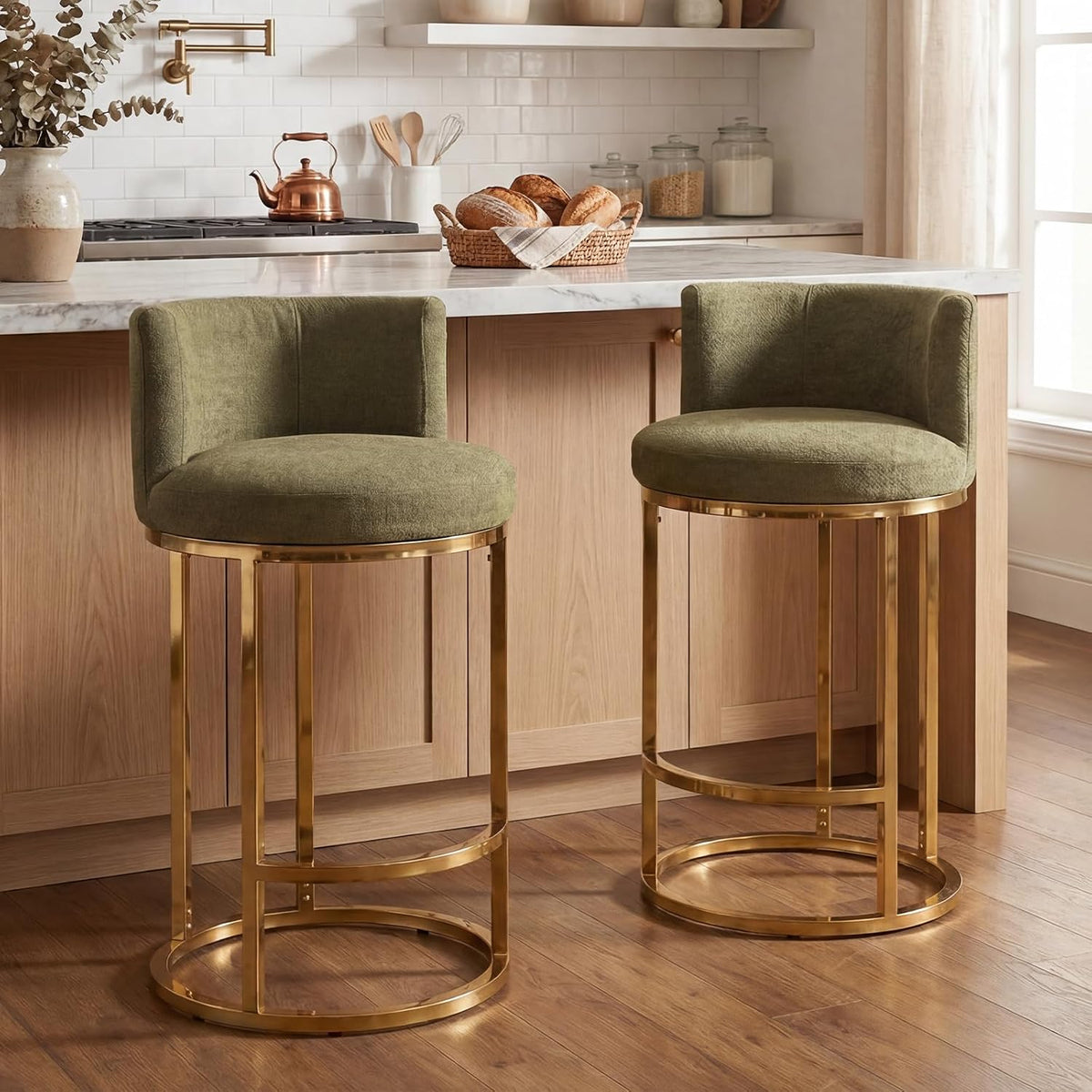 27" Counter Height Barrel Bar Stools with Gold Frame Set of 2