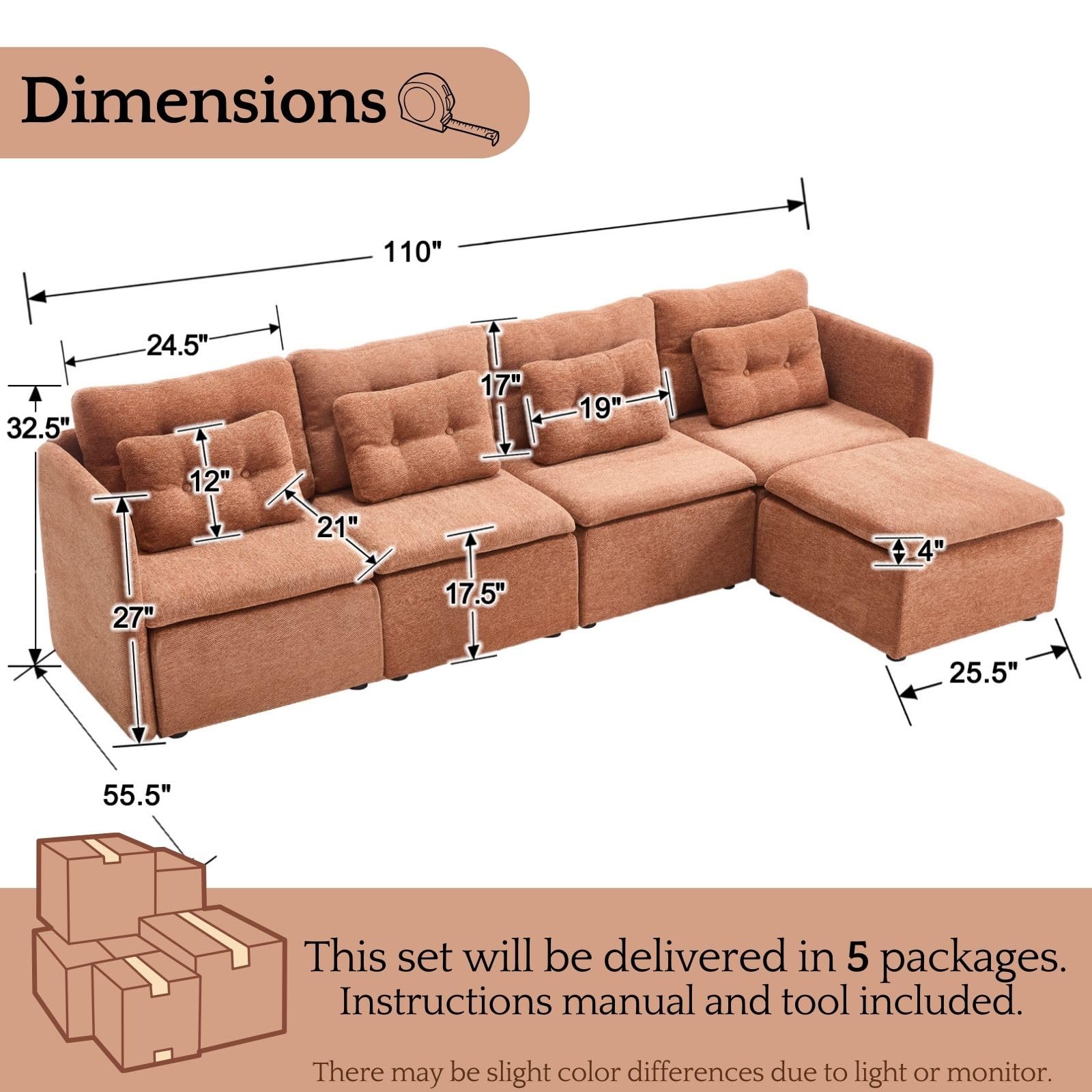 VESCASA Chenille 56.5" Modular Sectional Sofa with Waist Pillow - 90041SF