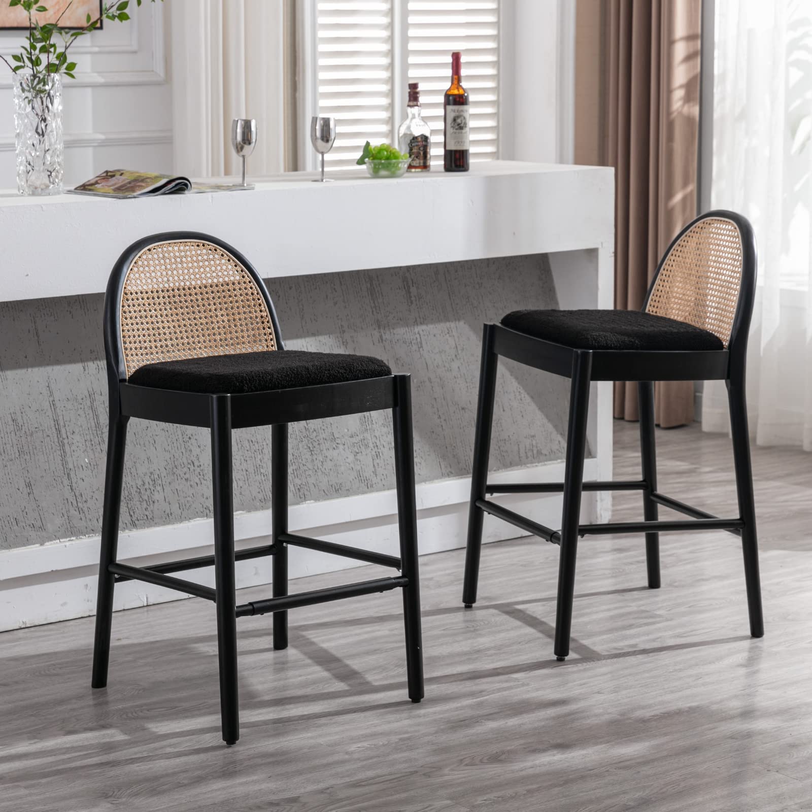 Kmax 26"H & 30"H Rattan Backrest Wooden Legs Counter Height Stools Set of 2 - 5696CS