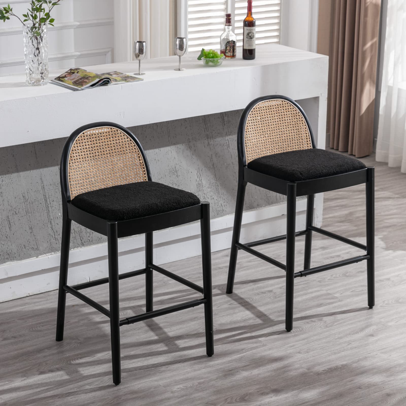 Kmax 26"H & 30"H Rattan Backrest Wooden Legs Counter Height Stools Set of 2 - 5696CS