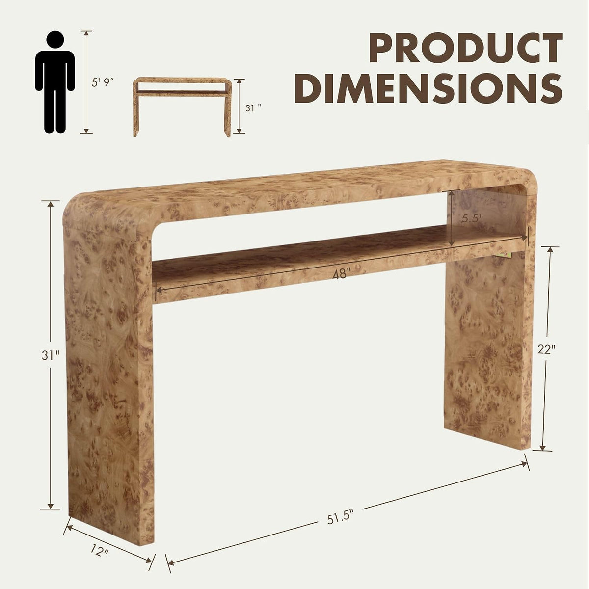 52" Modern Waterfall Console Table with Open Storage Shelf