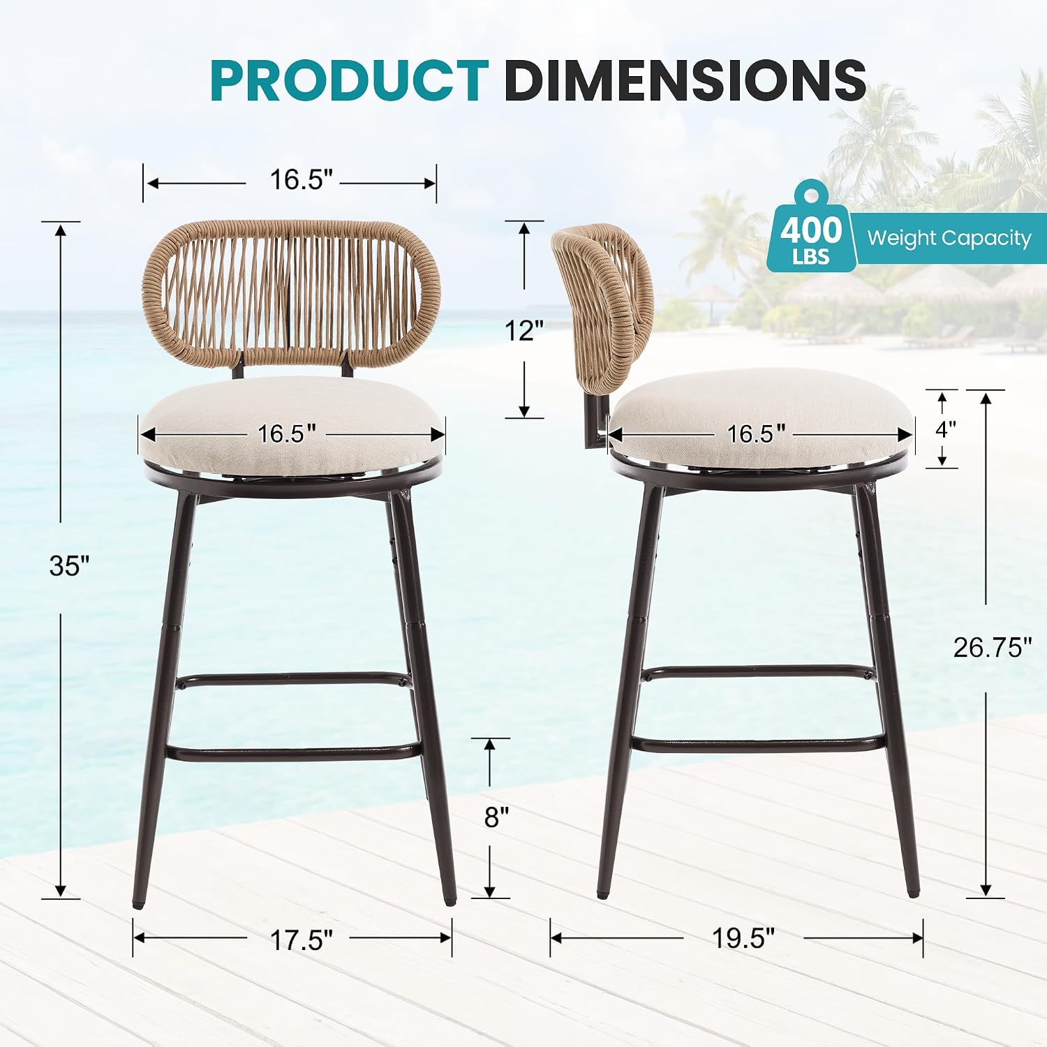 26.75" Swivel Outdoor Bar Stools with Hand-Woven Rope Back Set of 2