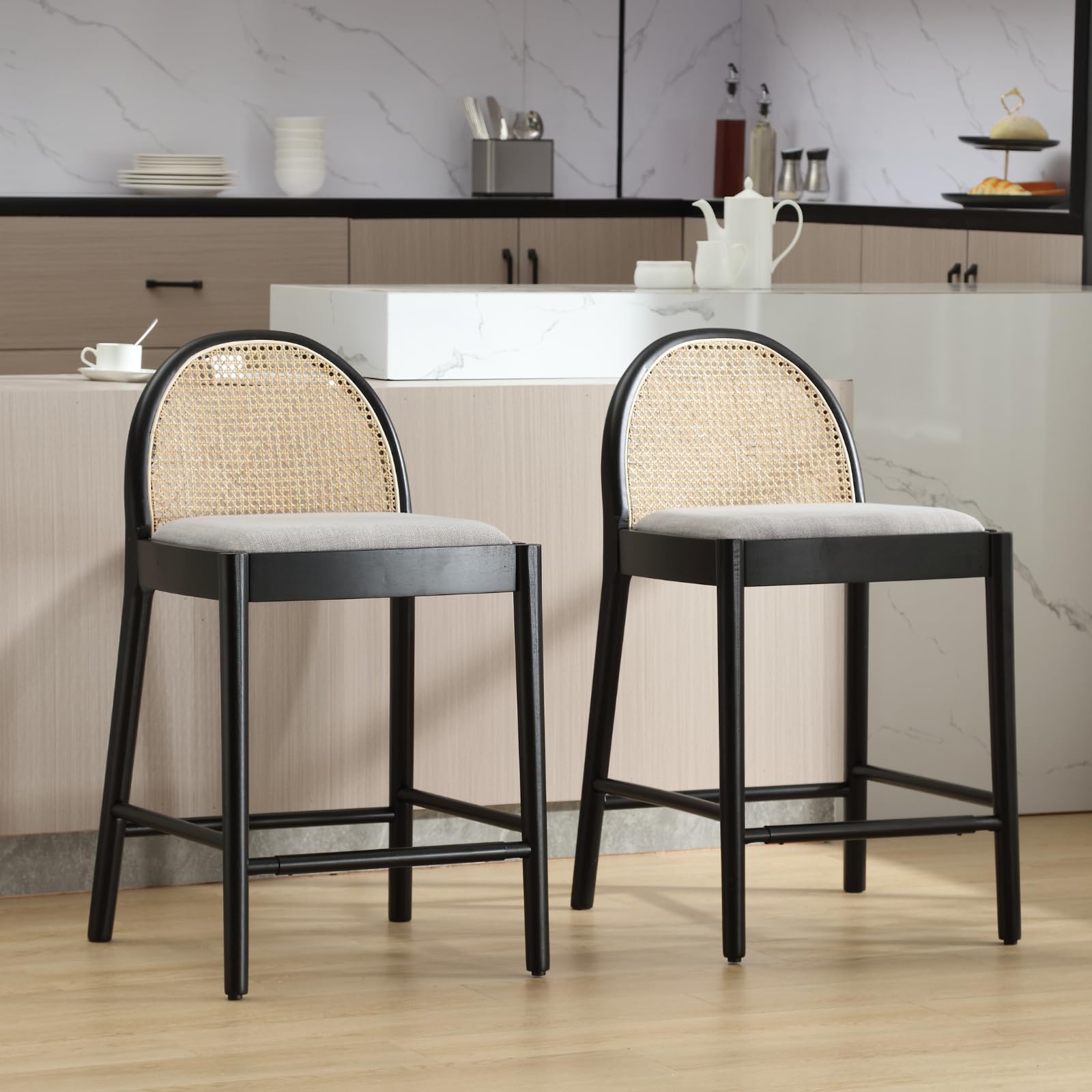 Kmax 26"H & 30"H Rattan Backrest Wooden Legs Counter Height Stools Set of 2 - 5696CS