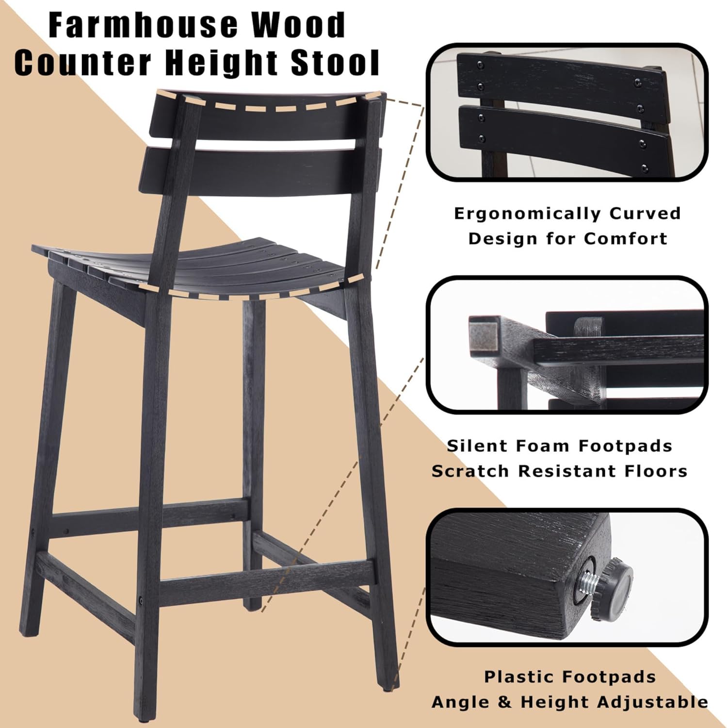 Kmax 26" H Black Wooden Counter Height Bar Stools Set of 2 - 7064CS