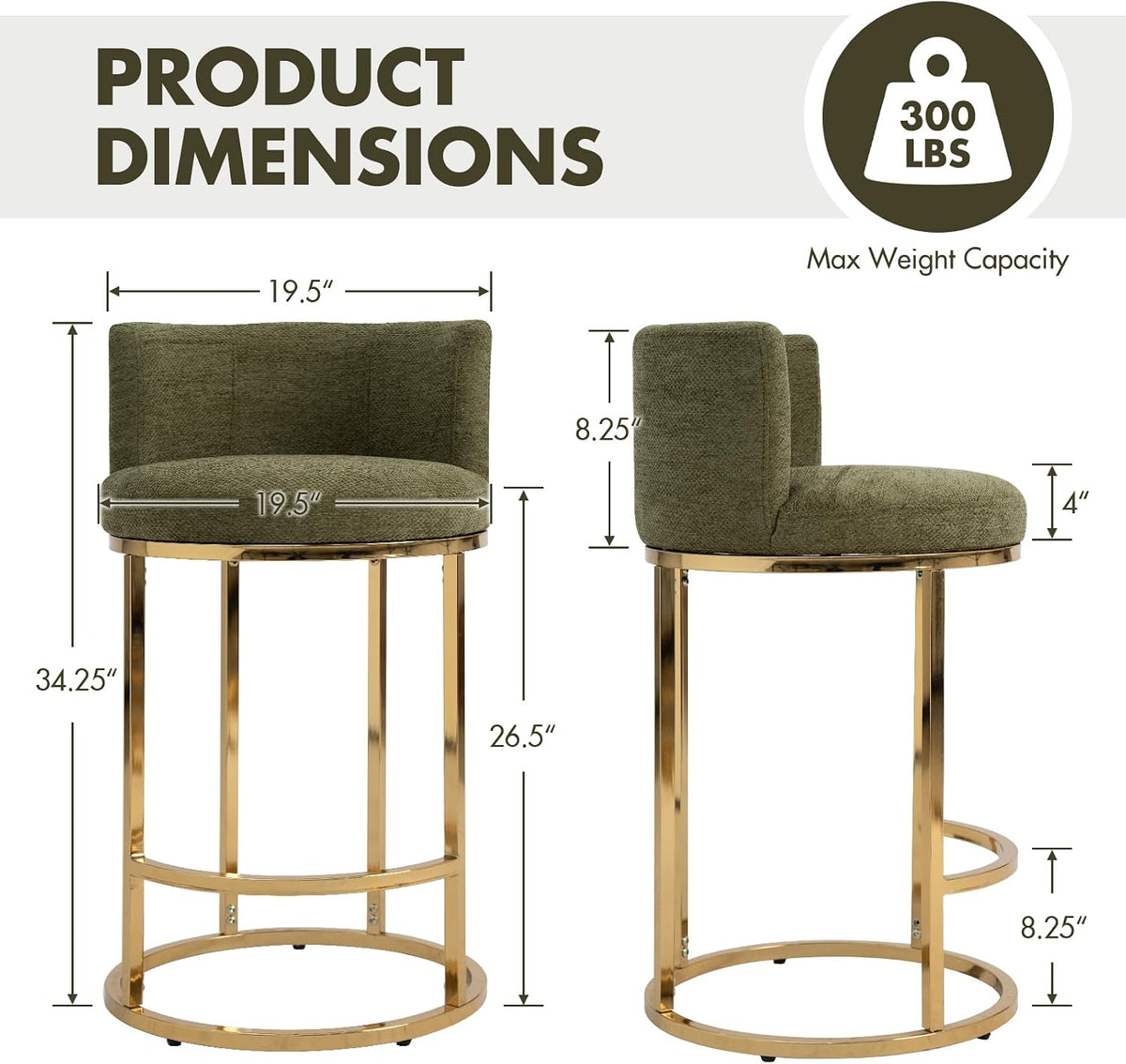 27" Counter Height Barrel Bar Stools with Gold Frame Set of 2