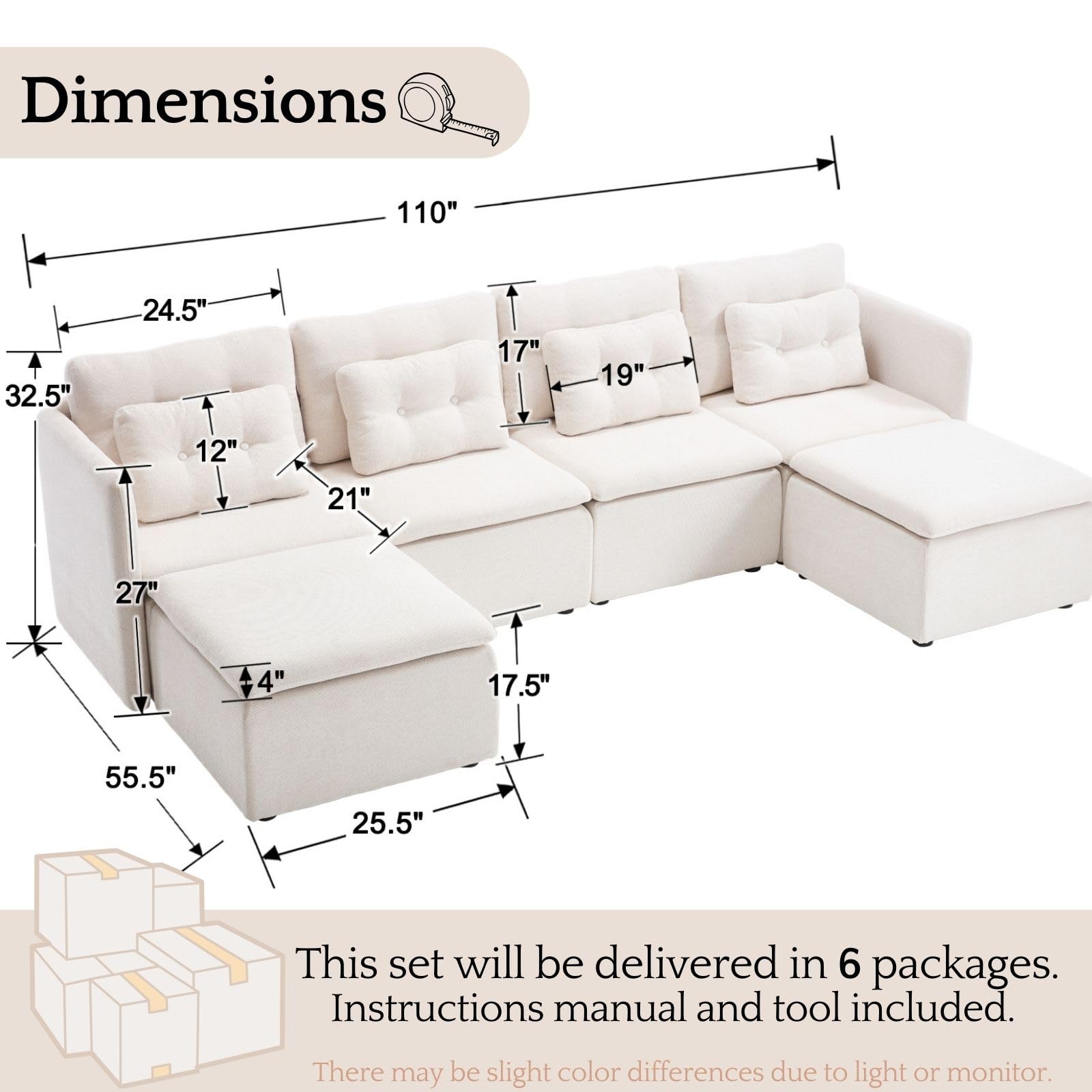 VESCASA Chenille 56.5" Modular Sectional Sofa with Waist Pillow - 90041SF