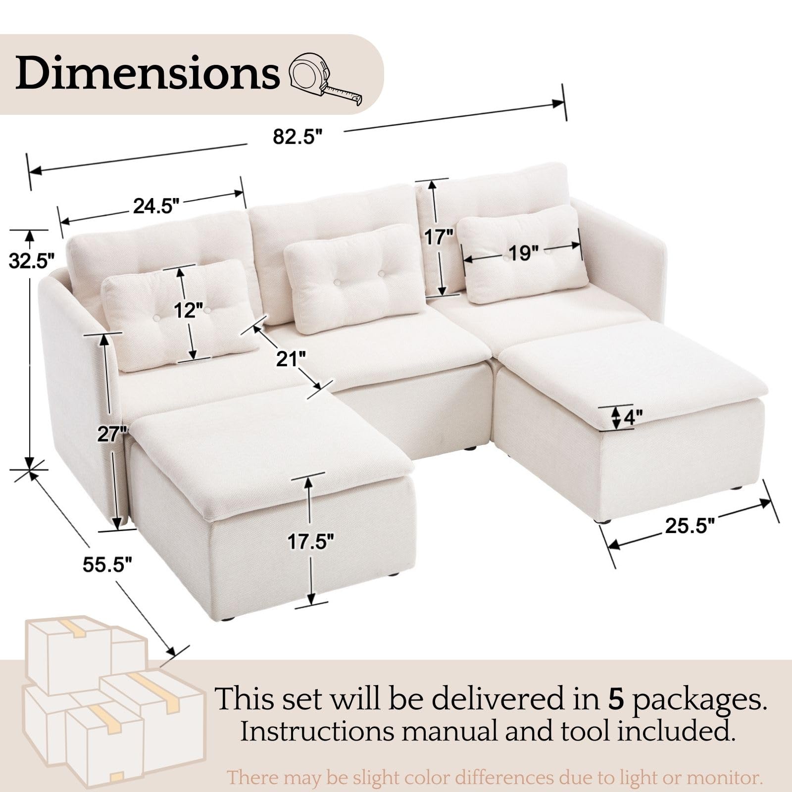 VESCASA Chenille 56.5" Modular Sectional Sofa with Waist Pillow - 90041SF