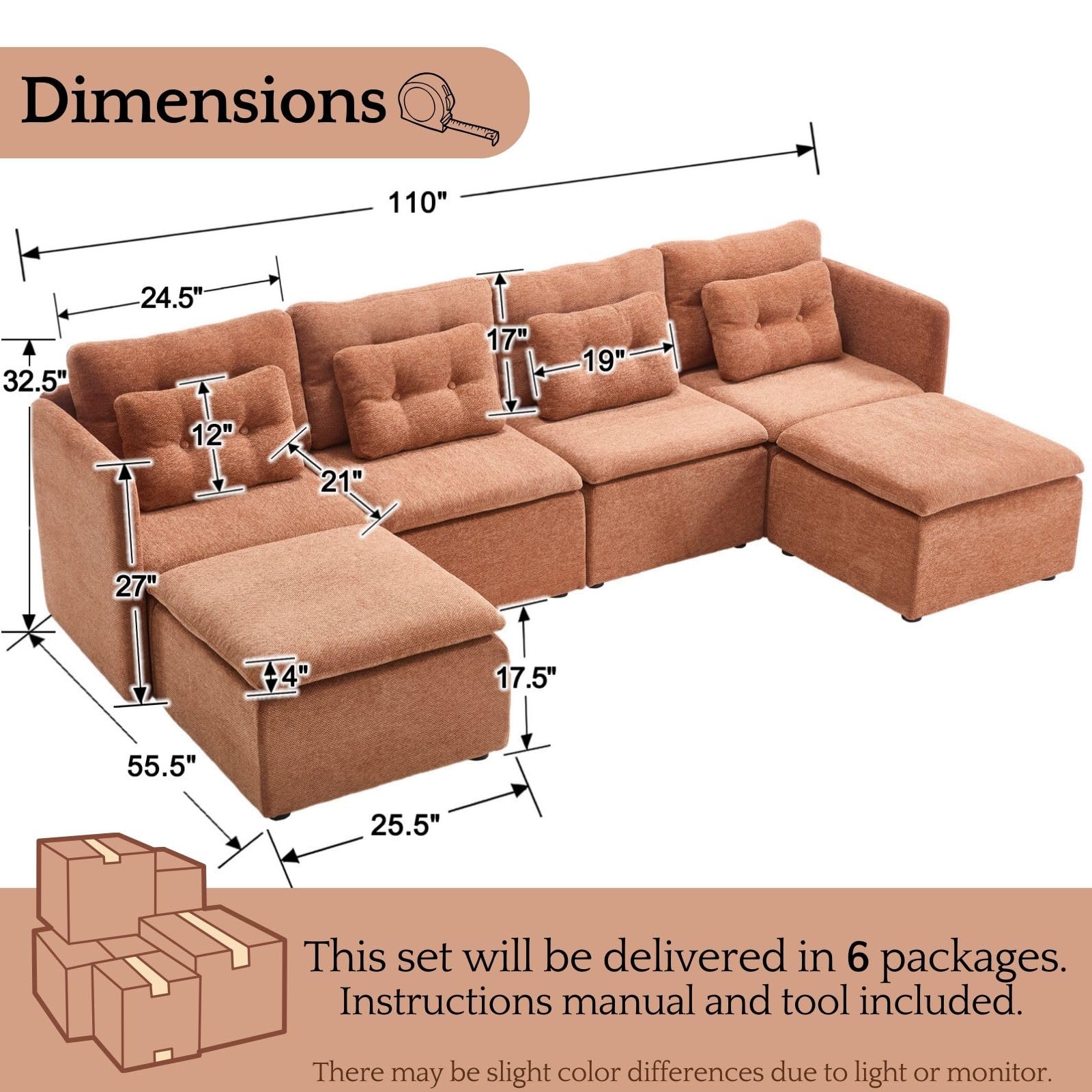 VESCASA Chenille 56.5" Modular Sectional Sofa with Waist Pillow - 90041SF