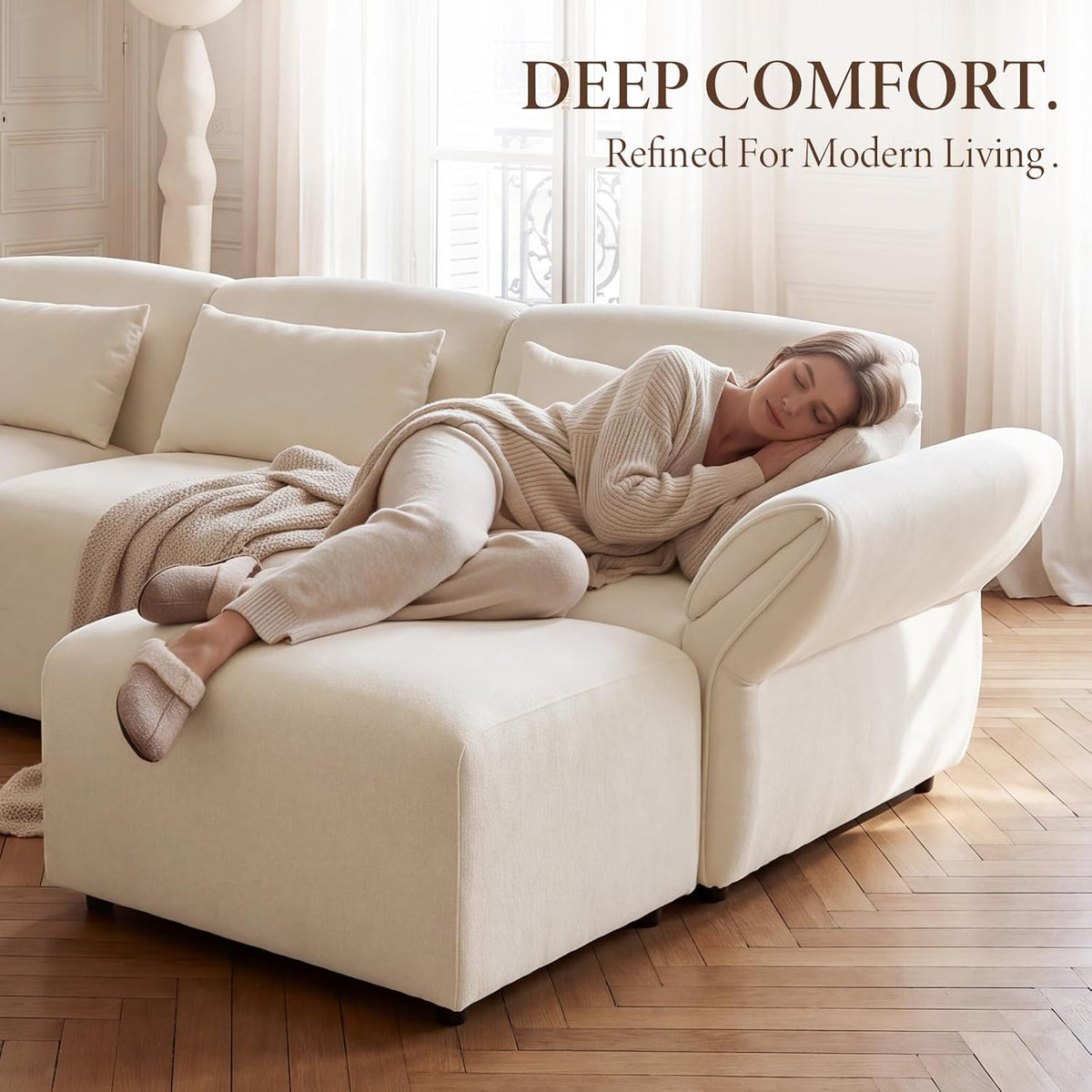 Chenille Modular Sectional Sofa with Deep Seats and Ottoman
