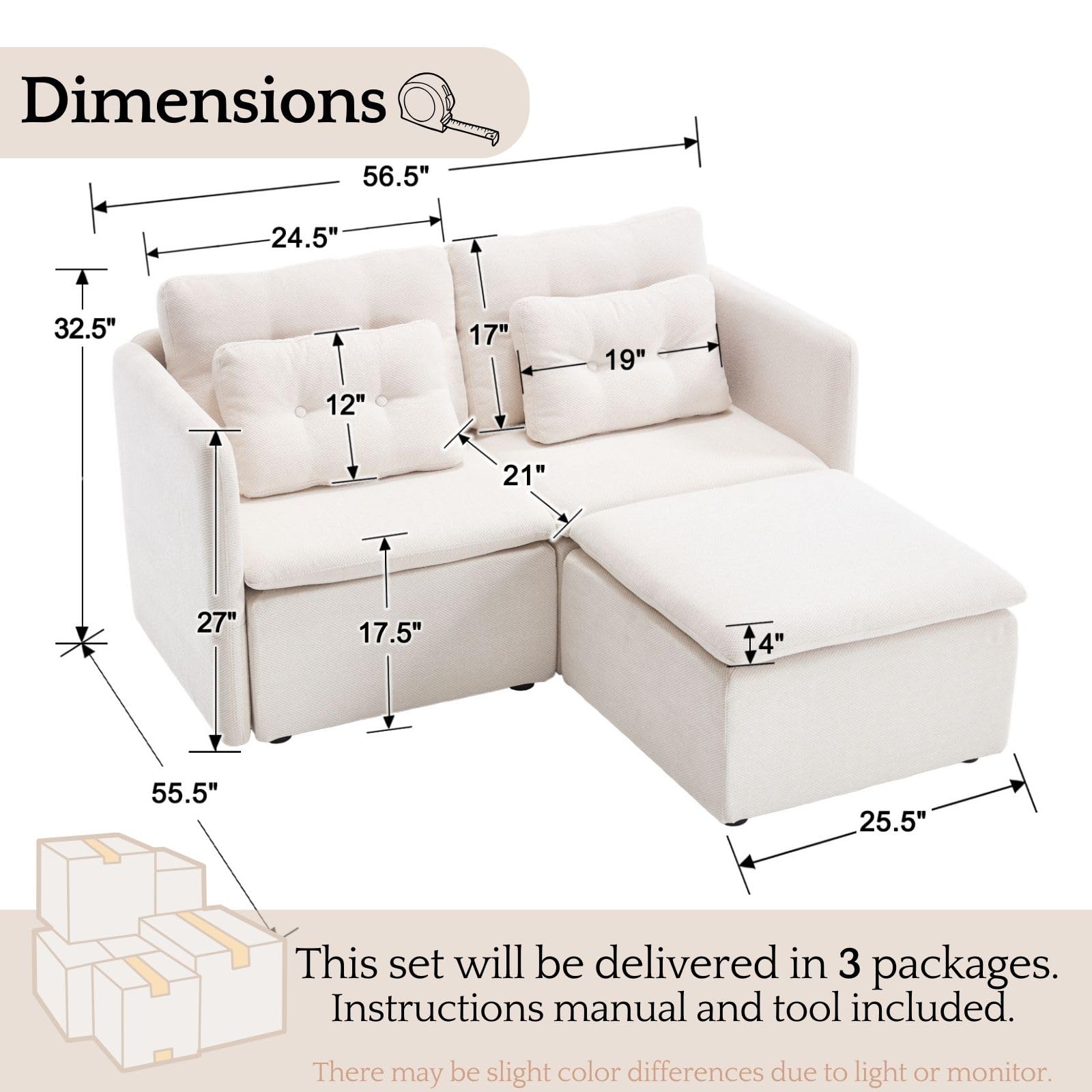 VESCASA Chenille 56.5" Modular Sectional Sofa with Waist Pillow - 90041SF