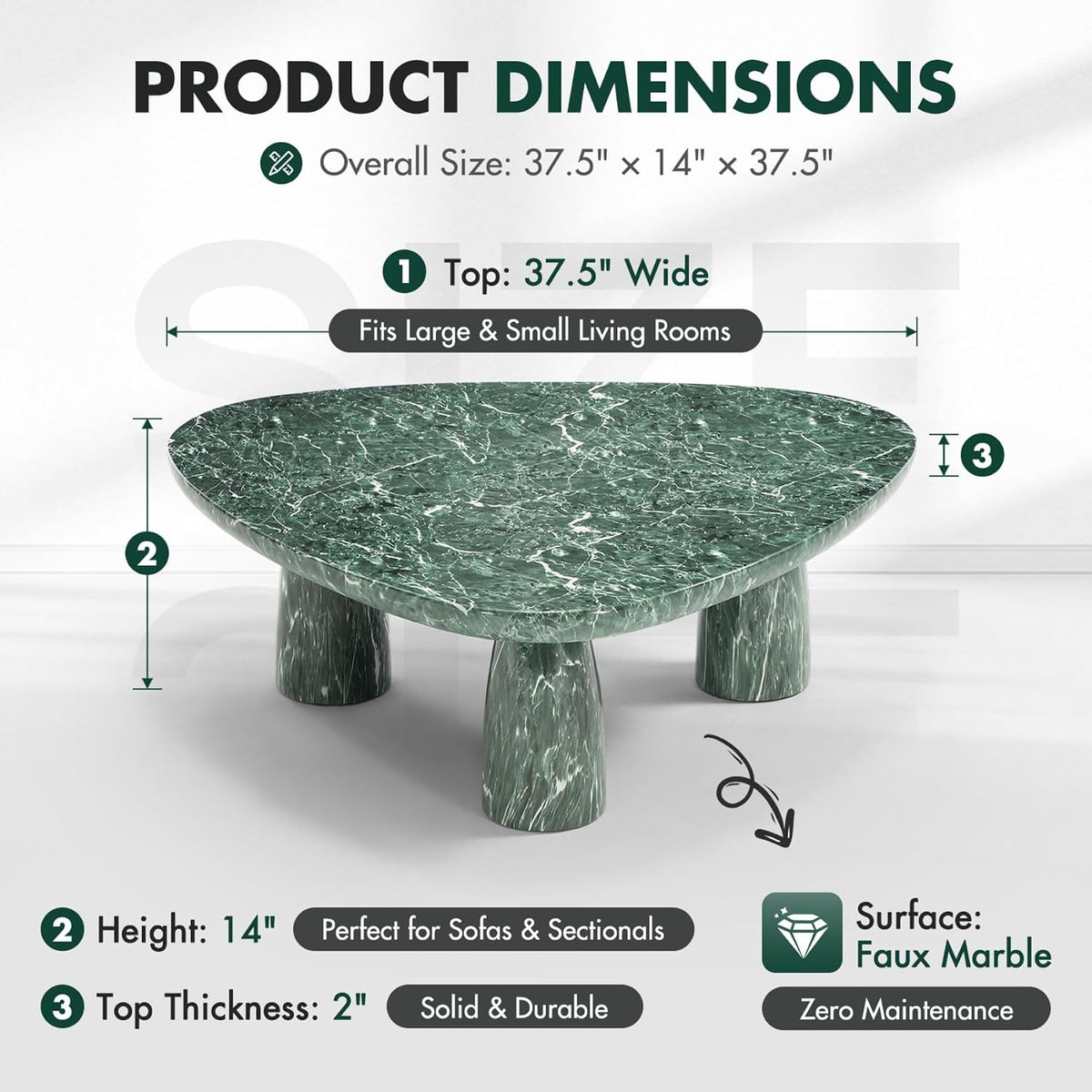Organic Triangle Faux Marble Coffee Table with Rounded Edges