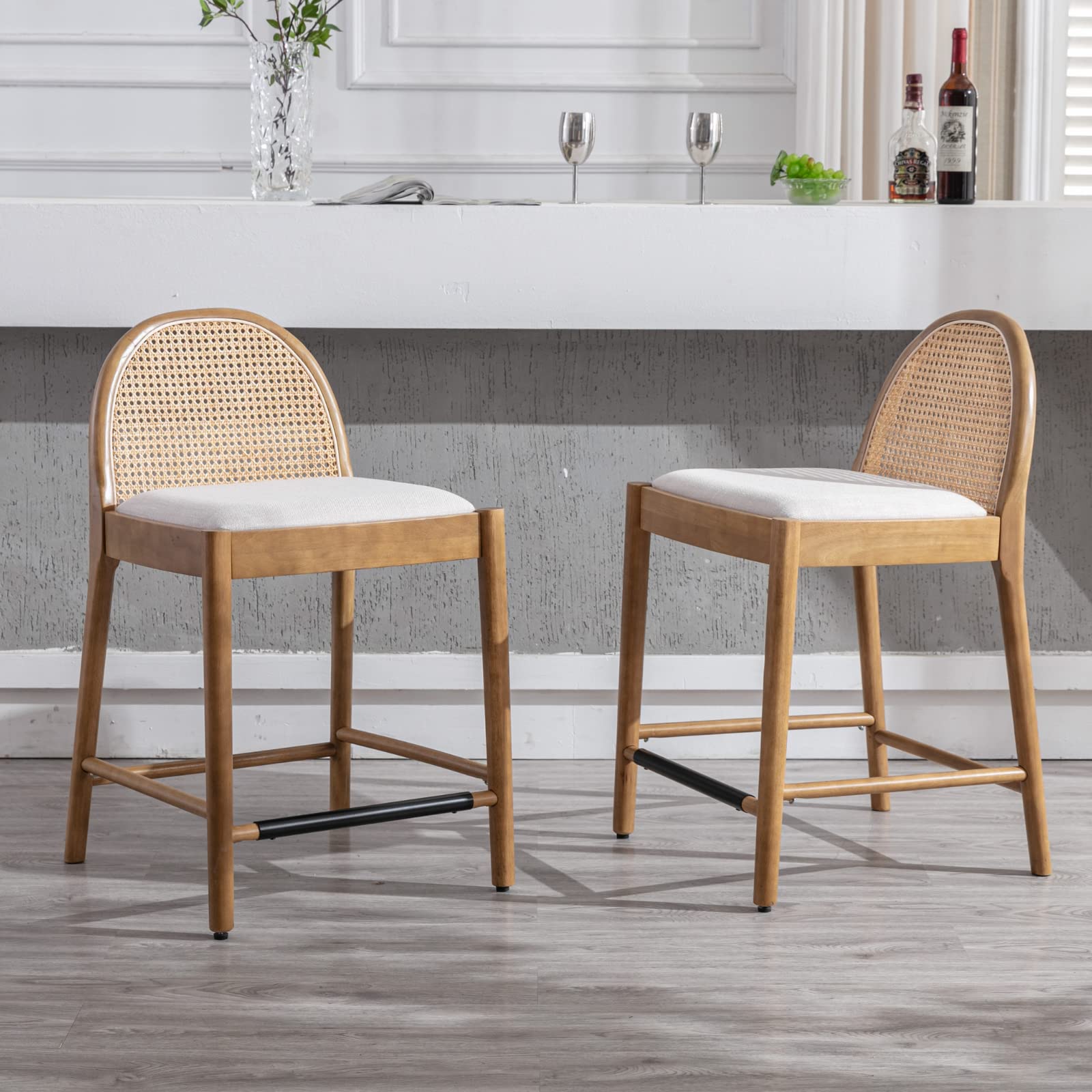 Kmax 26"H & 30"H Rattan Backrest Wooden Legs Counter Height Stools Set of 2 - 5696CS