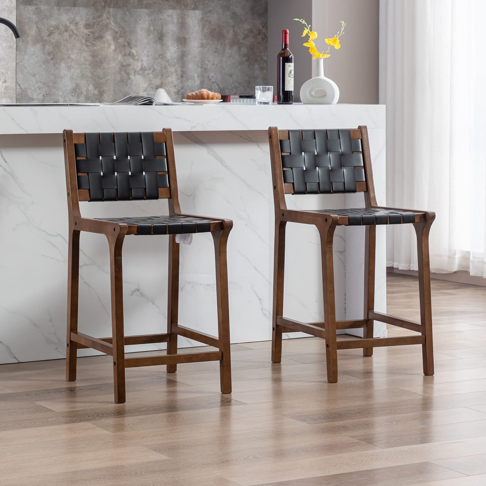 Janoray Leather Woven Strap Seat Counter Stools Set of 2 - 5703CS