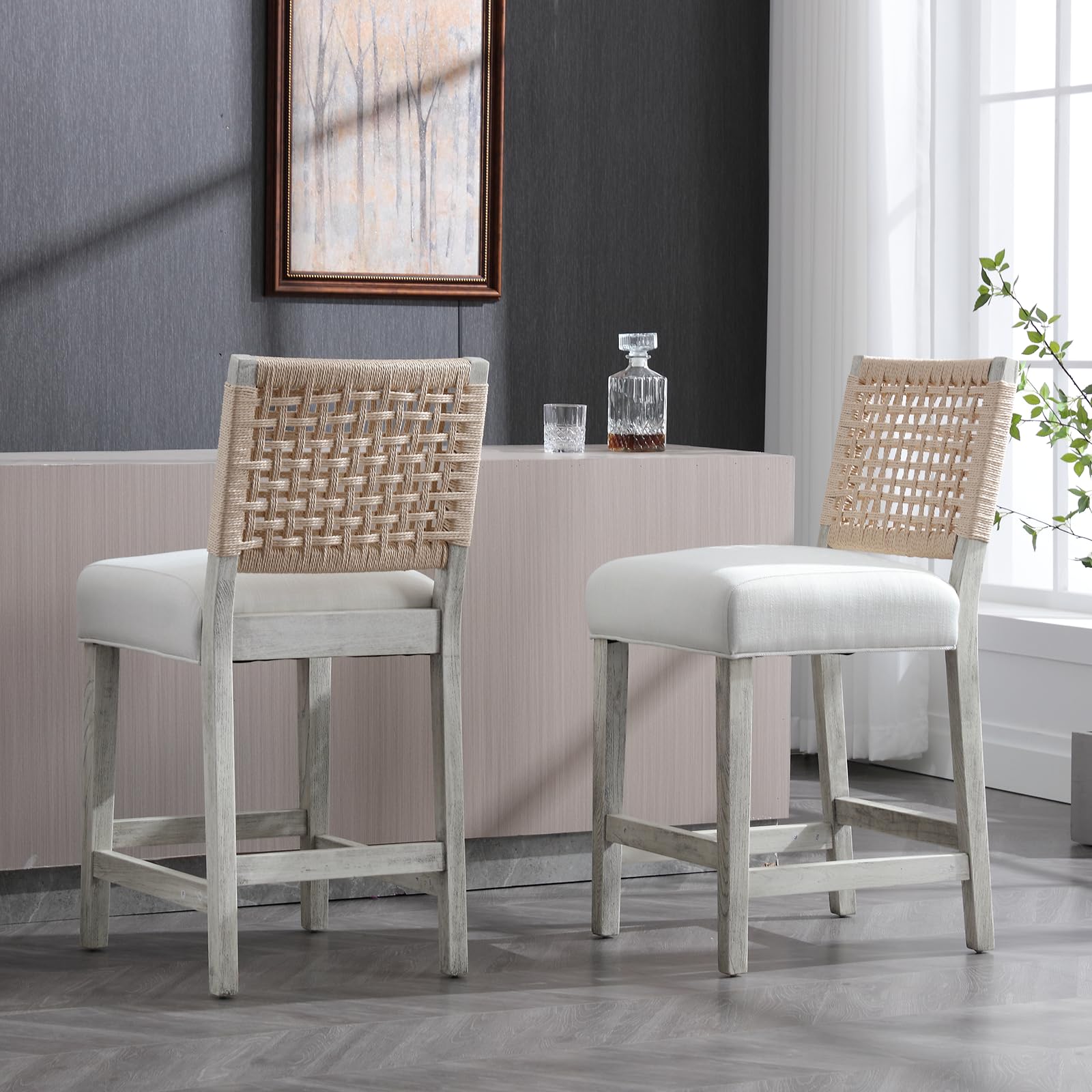 Kmax 27"H Farmhouse Woven Backrest Counter Stools Set of 2 - 2227CS
