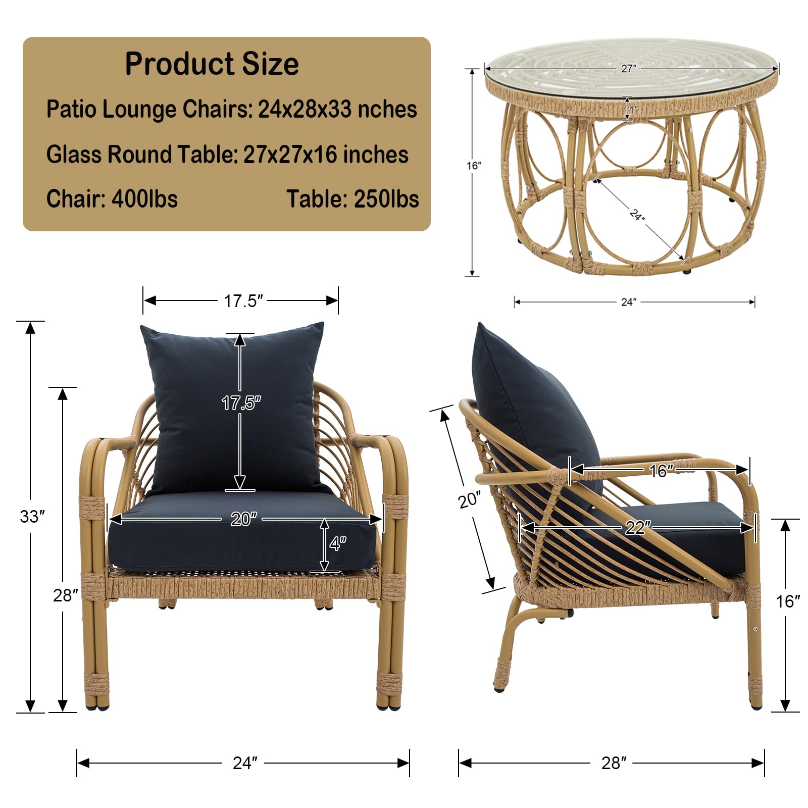 Patio Rope Chairs Set with Storage Table 3 PCS - 25012SE