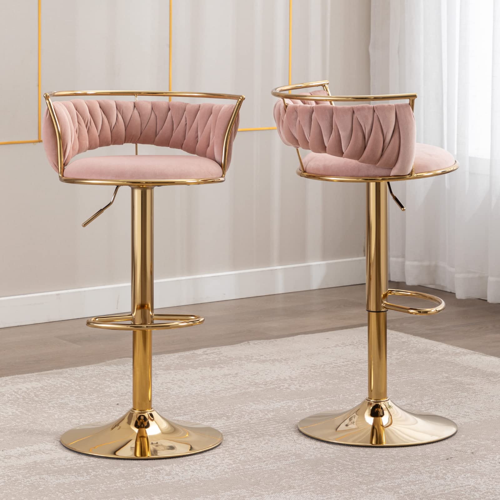 CHICAURA Swivel Adjustable Gold Woven Bar Stools Set of 2 - 6015AB