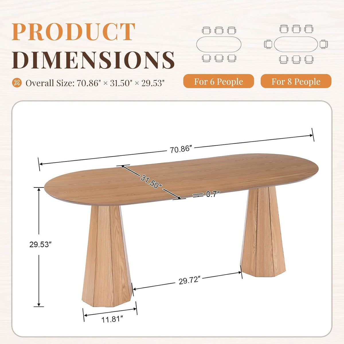 71" Oval Farmhouse Pedestal Dining Table for 6-8