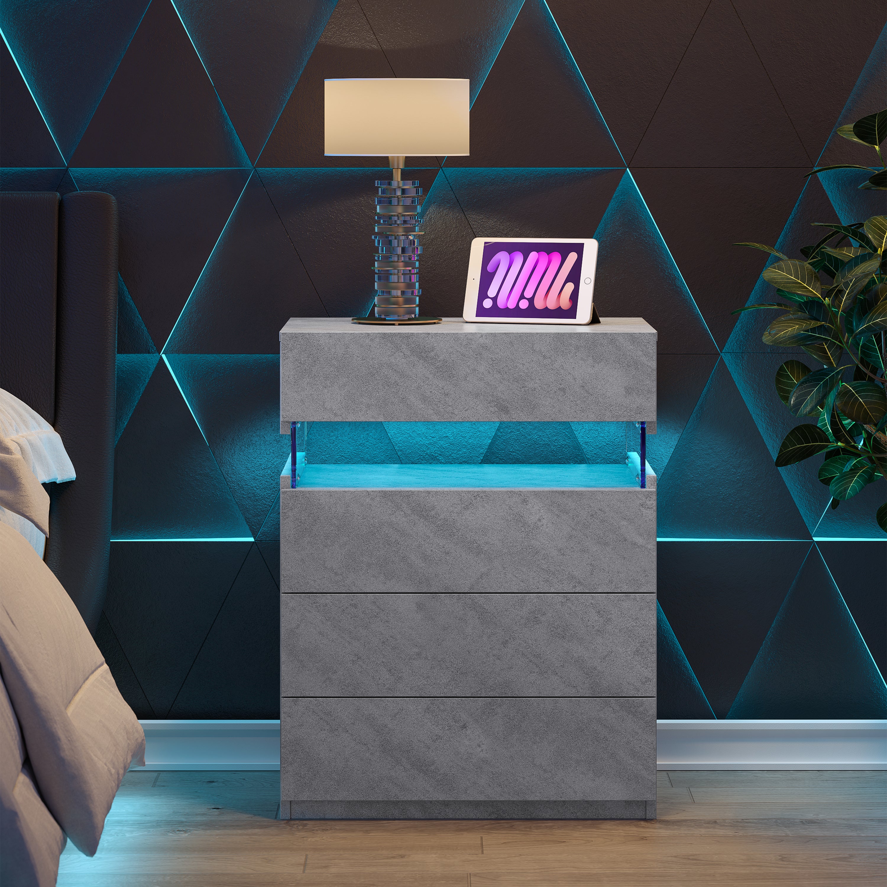 Modern LED Nightstand Bedside Table with 4 Drawers