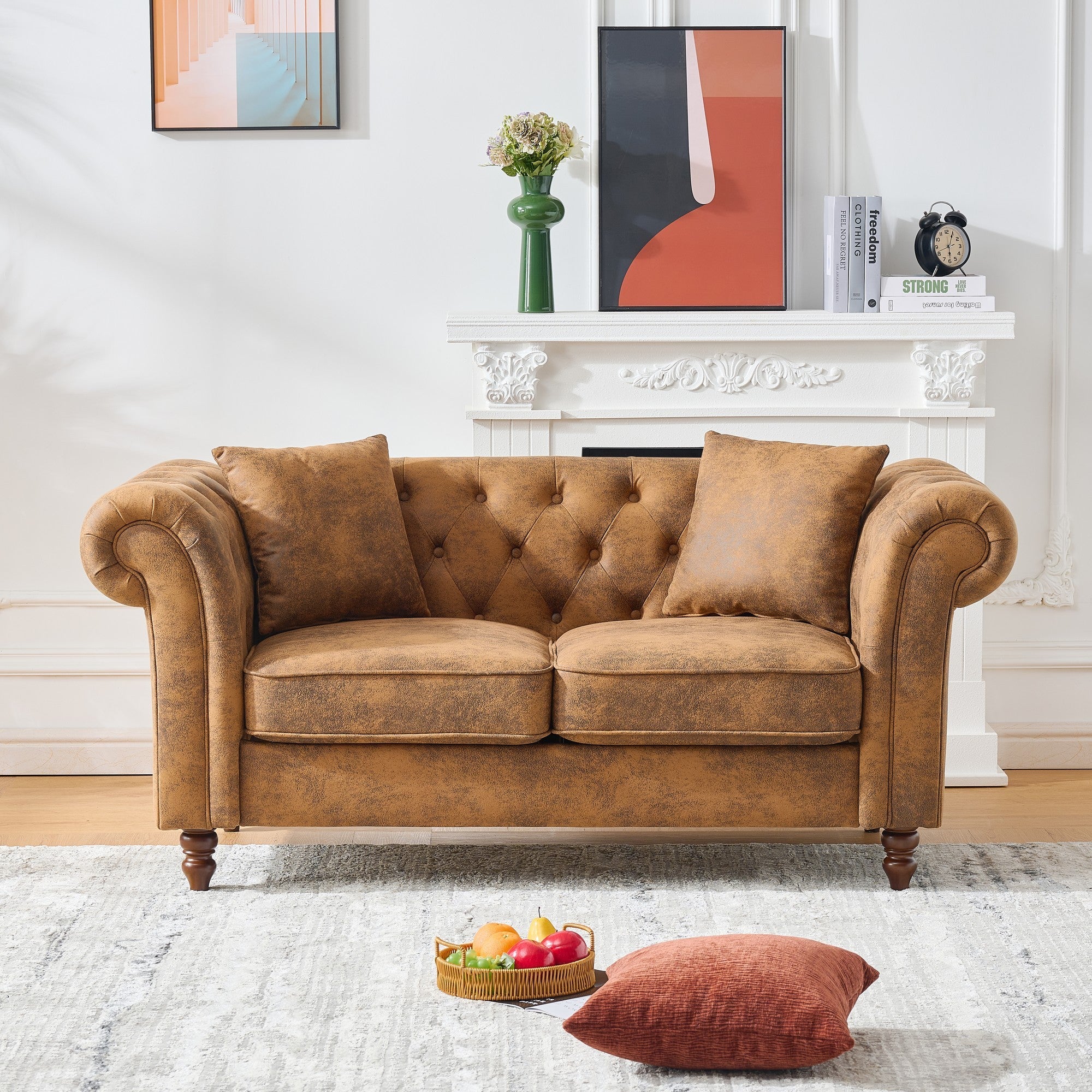 63"W Mid-Century Brown Leather 2-Seat Sofa