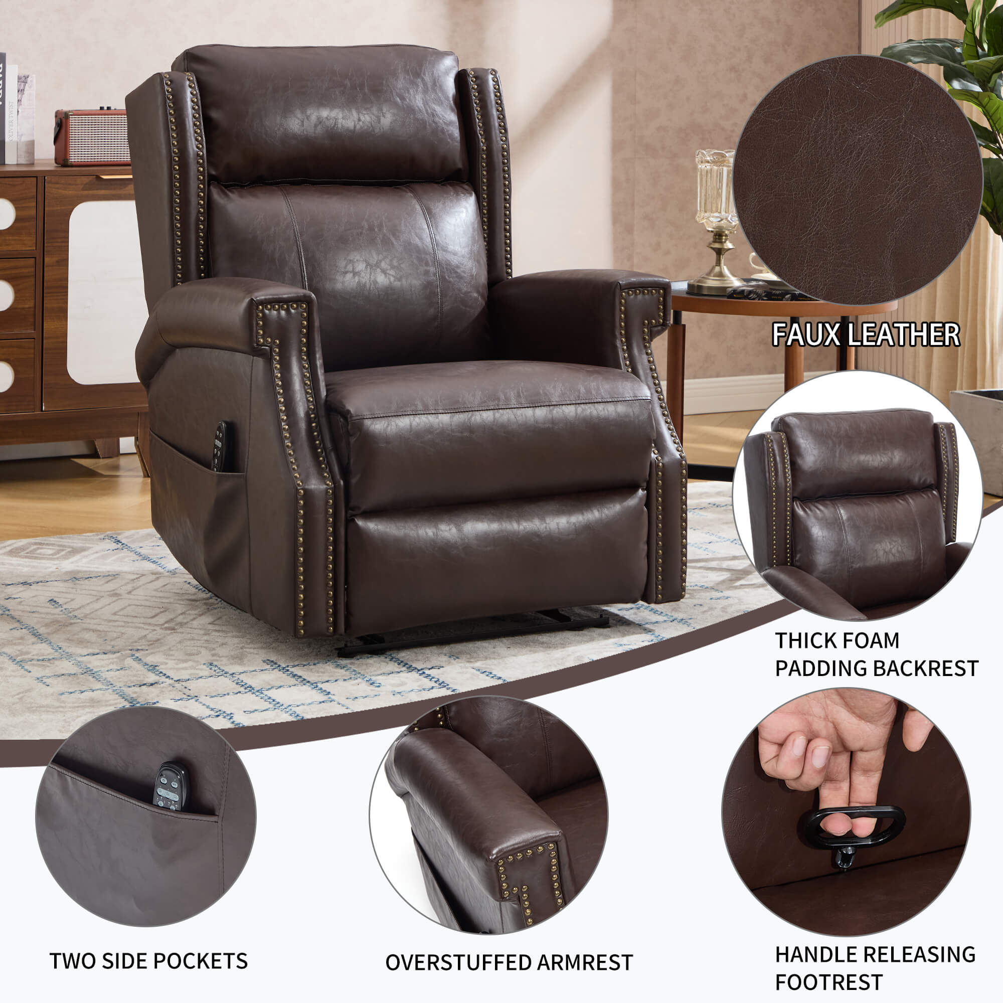 Waxed Faux Leather Massage Heat Modern Manual Recliner Chair