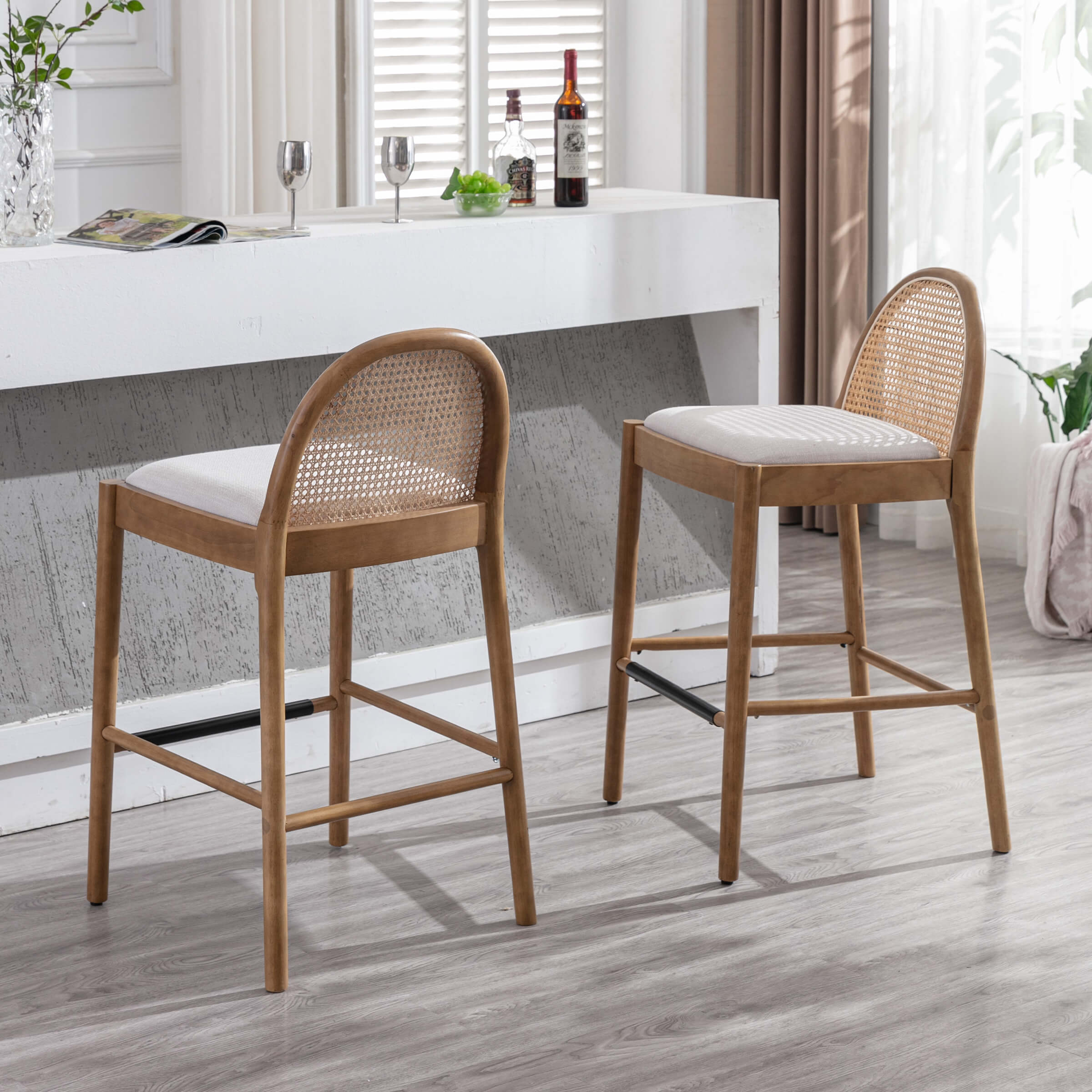 Kmax 26"H & 30"H Rattan Backrest Wooden Legs Counter Height Stools Set of 2 - 5696CS