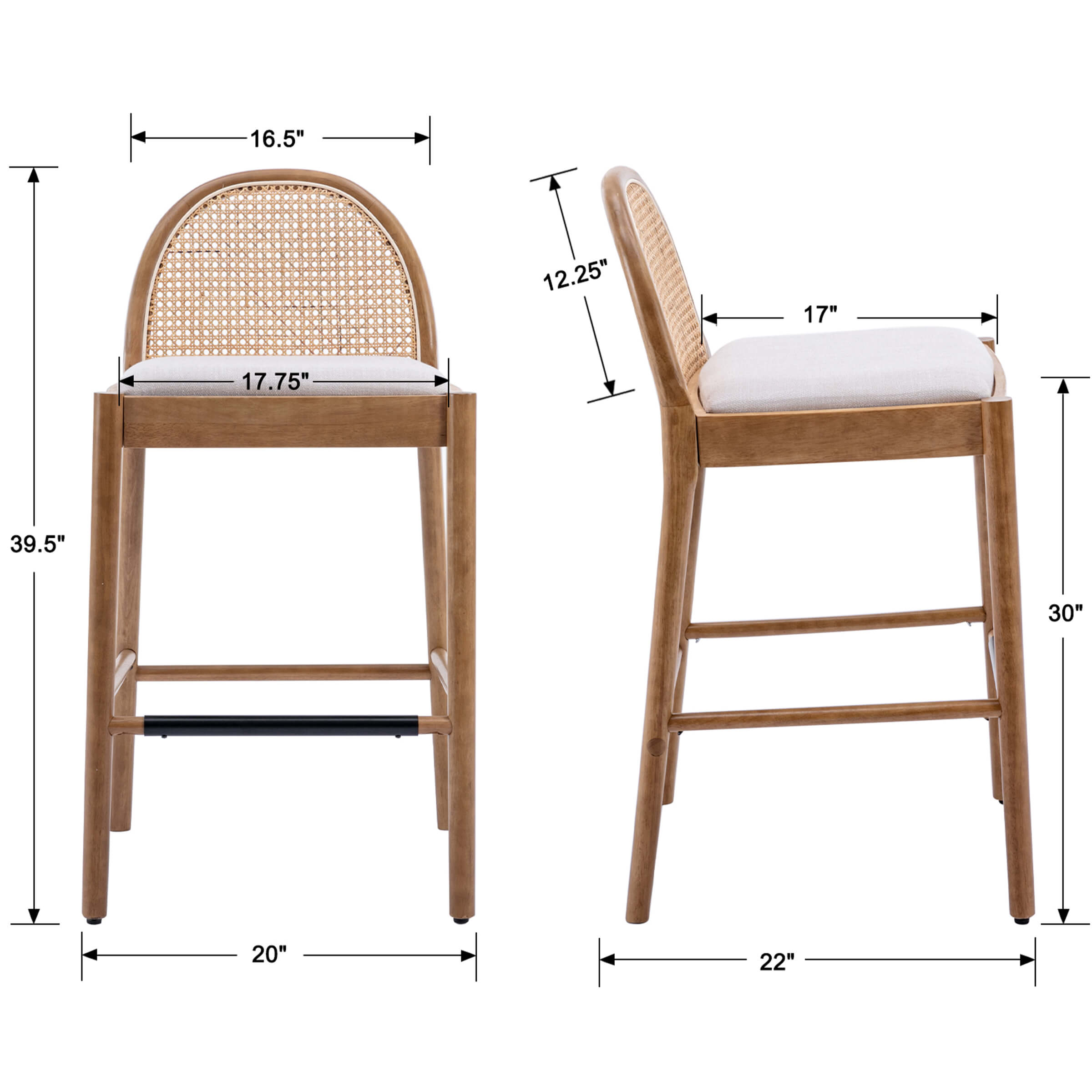 Kmax 26"H & 30"H Rattan Backrest Wooden Legs Counter Height Stools Set of 2 - 5696CS