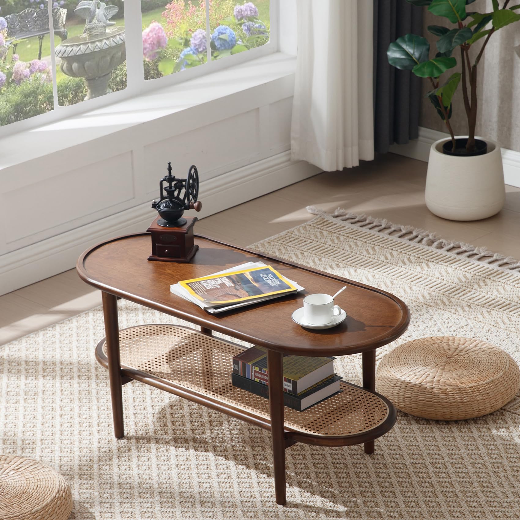VESCASA 39.5"W Oval Center Rattan Wood Coffee Table - XX11CT