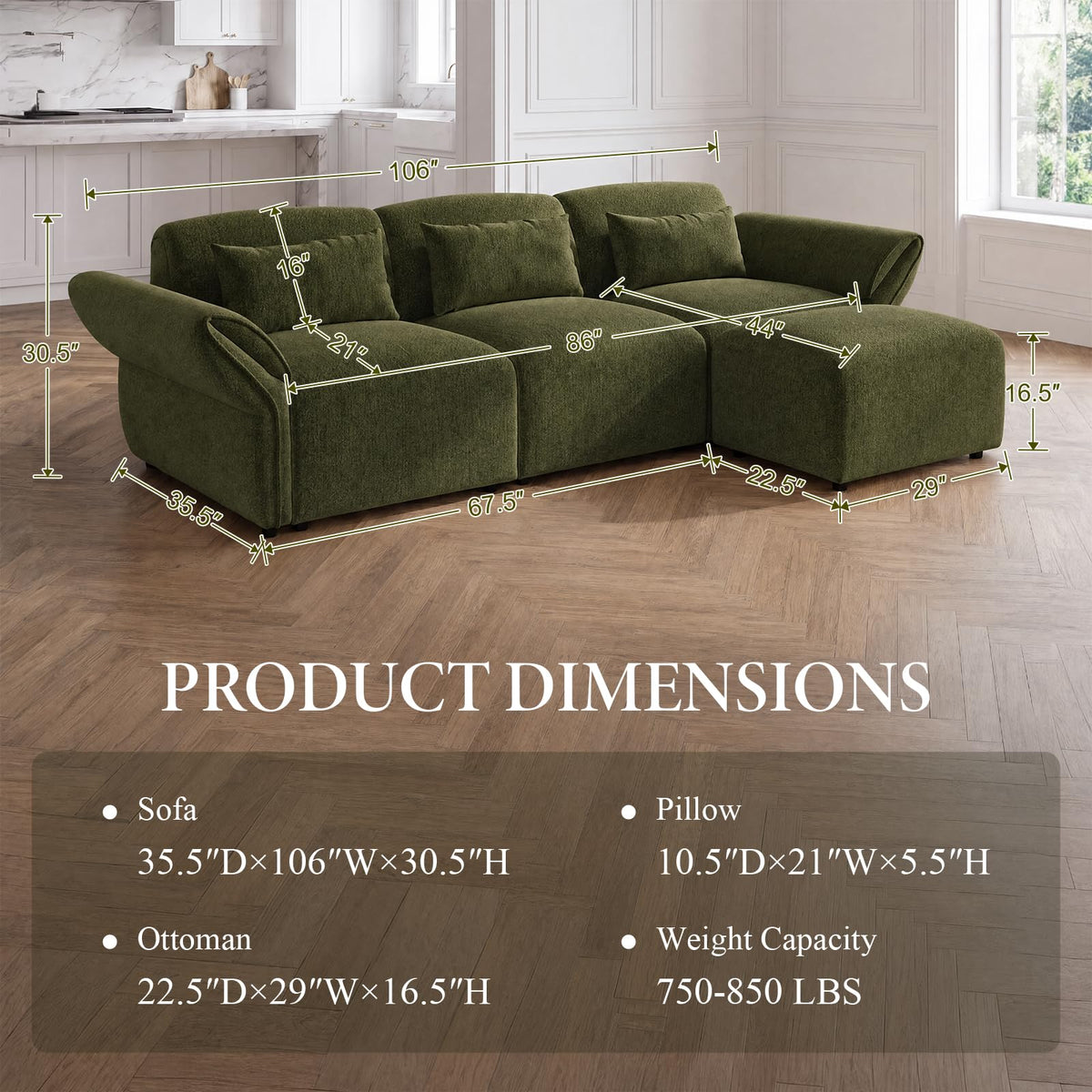 Chenille Modular Sectional Sofa with Deep Seats and Ottoman