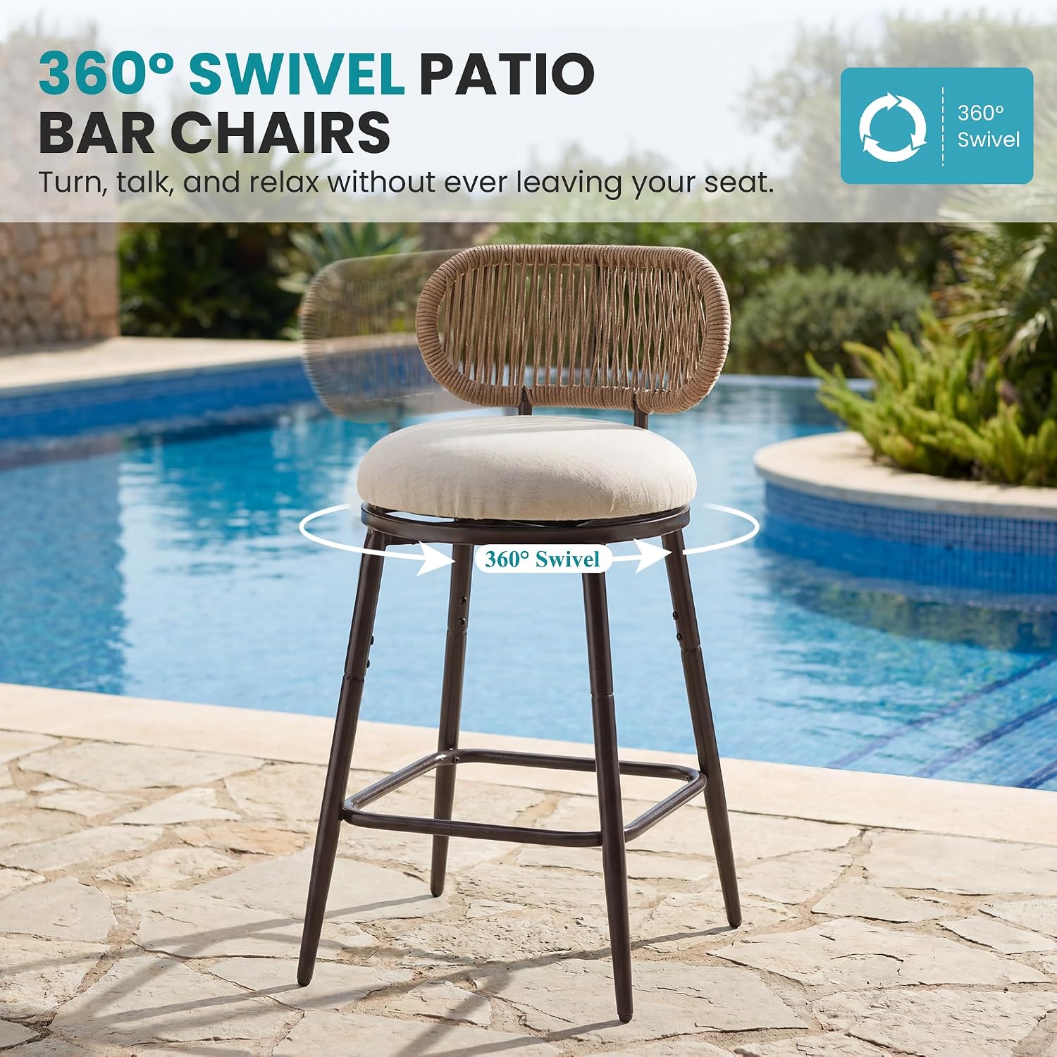 26.75" Swivel Outdoor Bar Stools with Hand-Woven Rope Back Set of 2