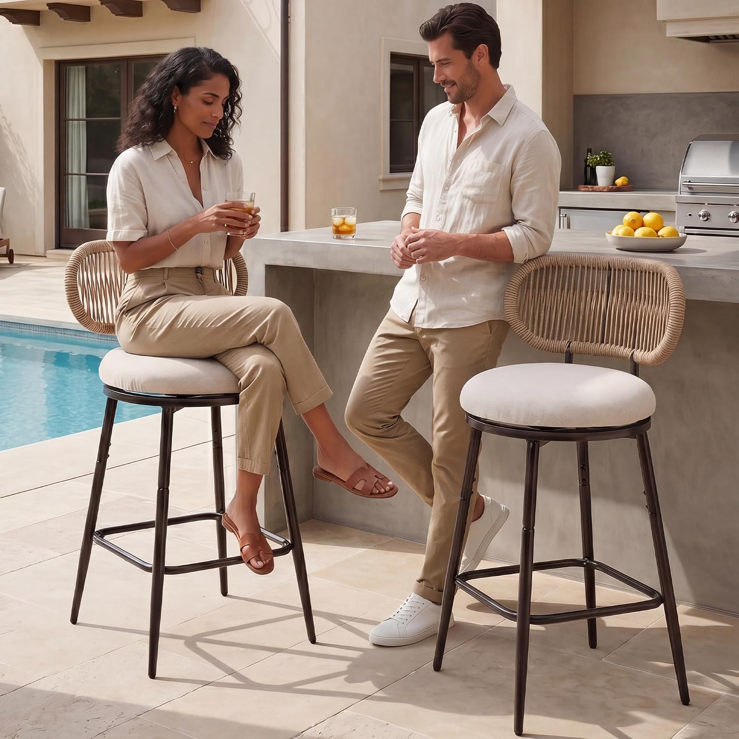 26.75" Swivel Outdoor Bar Stools with Hand-Woven Rope Back Set of 2