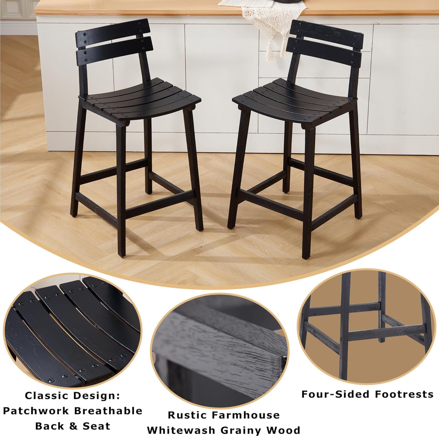 Kmax 26" H Black Wooden Counter Height Bar Stools Set of 2 - 7064CS