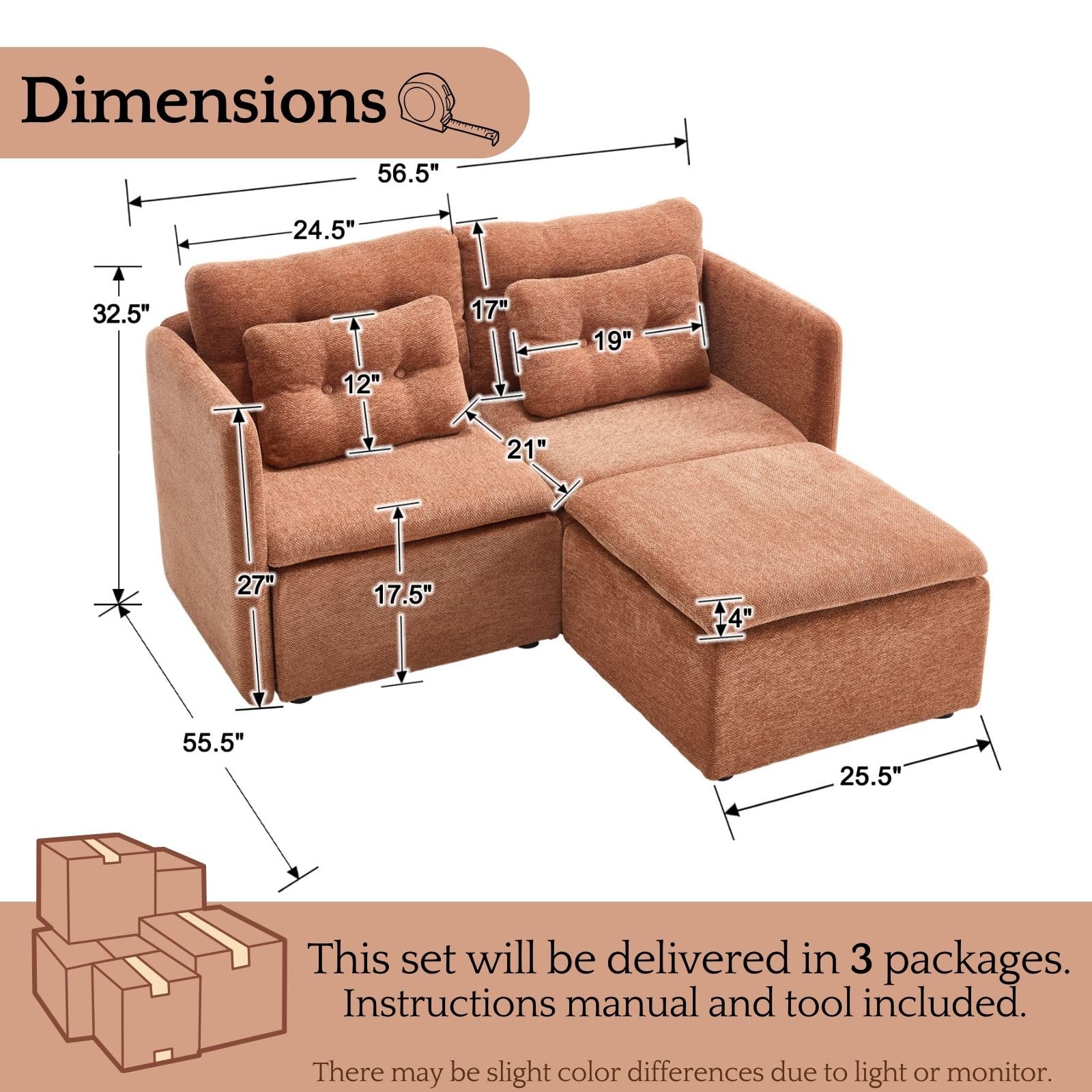 VESCASA Chenille 56.5" Modular Sectional Sofa with Waist Pillow - 90041SF