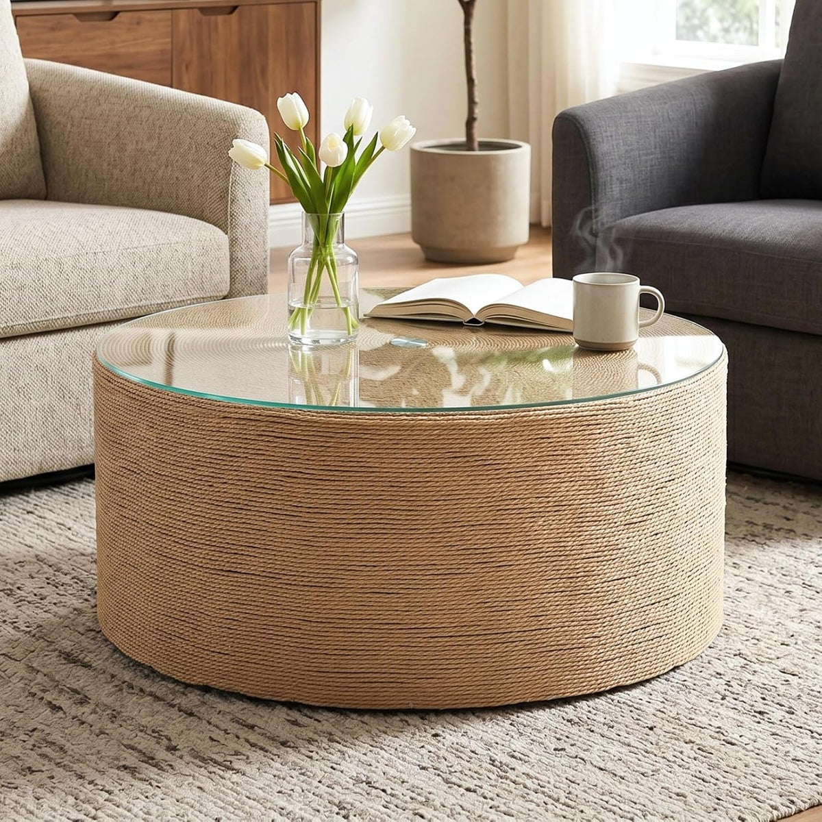 28" Round Boho Woven Rope Coffee Table with Glass Top
