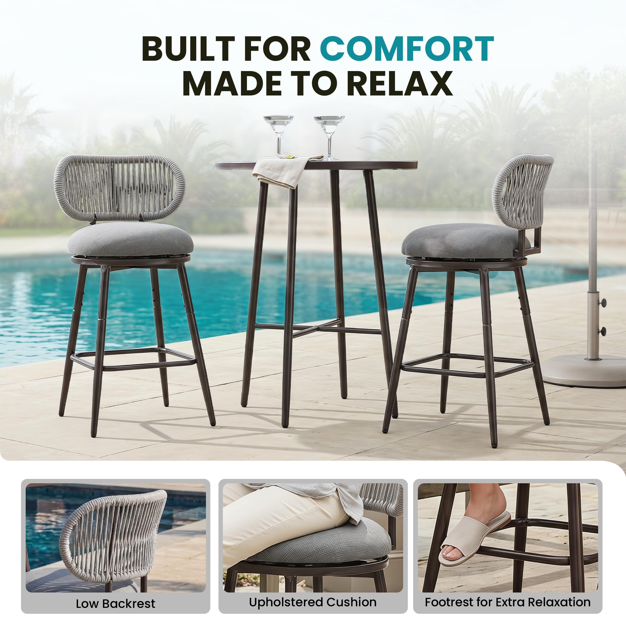 26.75" Swivel Outdoor Bar Stools with Hand-Woven Rope Back Set of 2