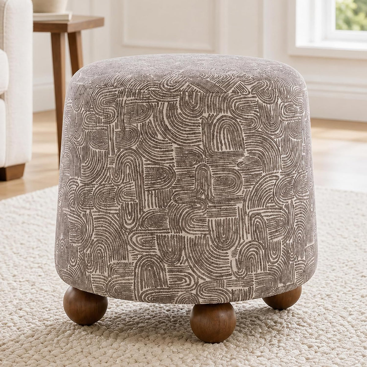 Round Modern Accent Ottoman with Rubberwood Ball Feet