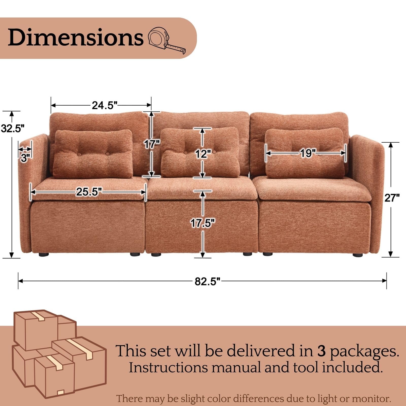 VESCASA Chenille 56.5" Modular Sectional Sofa with Waist Pillow - 90041SF