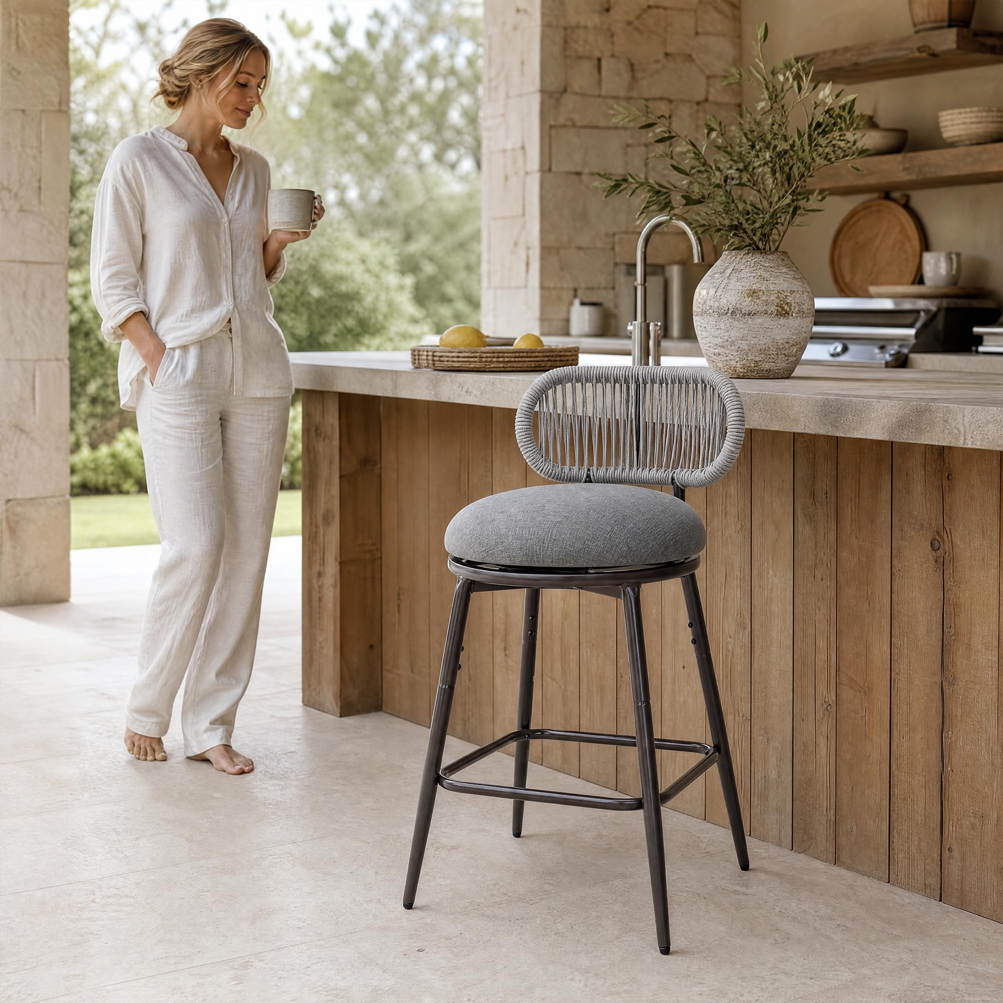 26.75" Swivel Outdoor Bar Stools with Hand-Woven Rope Back Set of 2