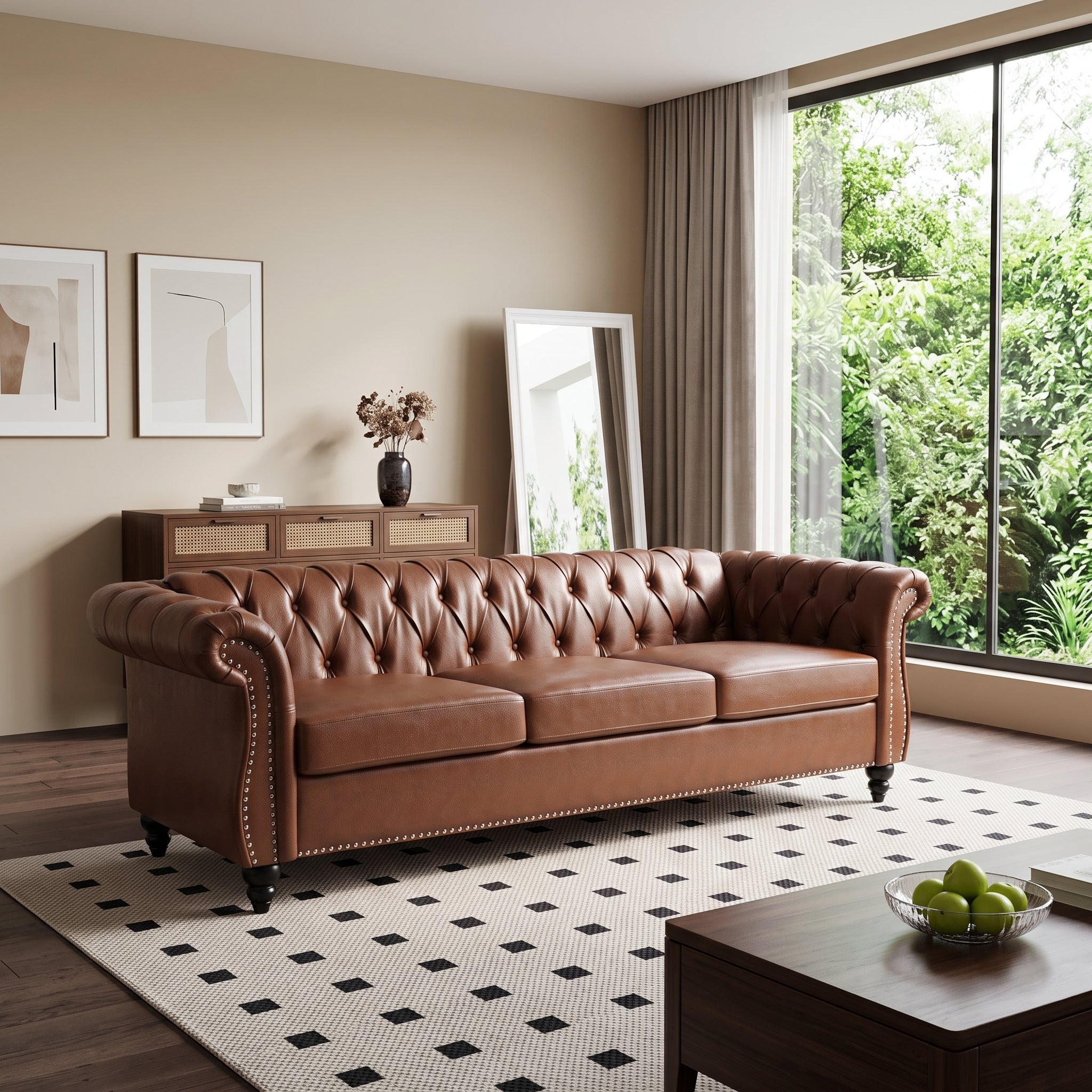 84" Brown PU Leather Chesterfield 3-Seater Sofa with Birch Legs
