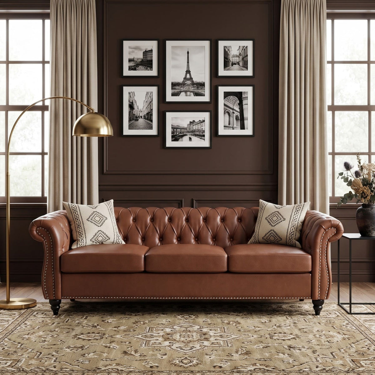 84" Brown PU Leather Chesterfield 3-Seater Sofa with Birch Legs