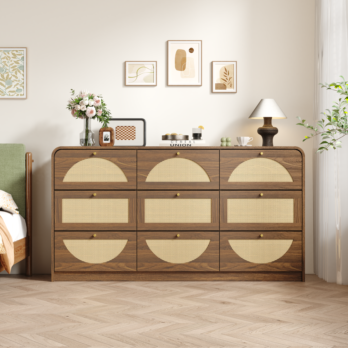 Walnut Rattan Dresser with 8 or 9 Drawers